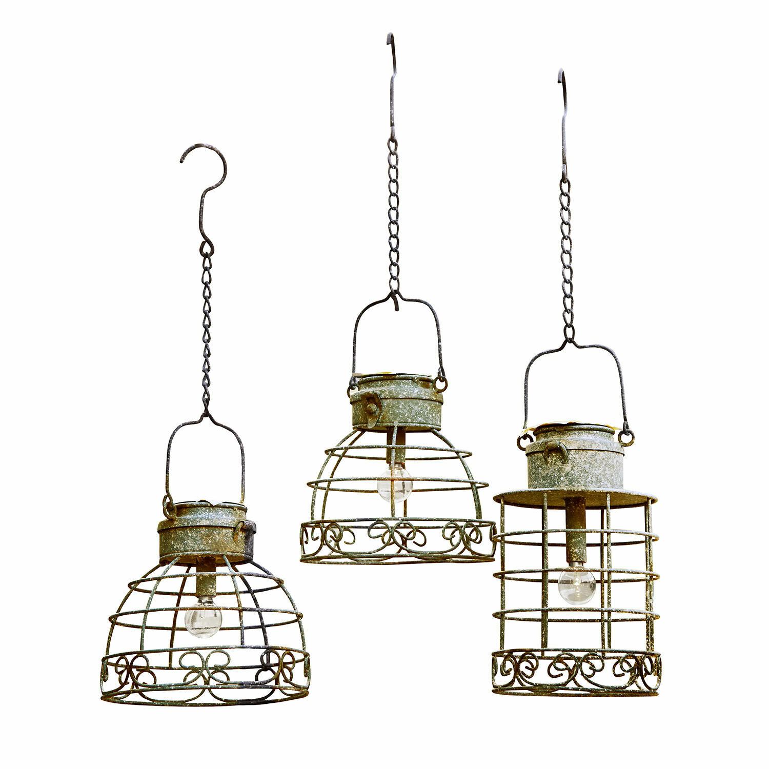 Solar-Laterne 3er Set Yirevol Set aus drei hängenden Vintage-Metalllampen in grün-grau mit Gitterdesign, dekorative Beleuchtung