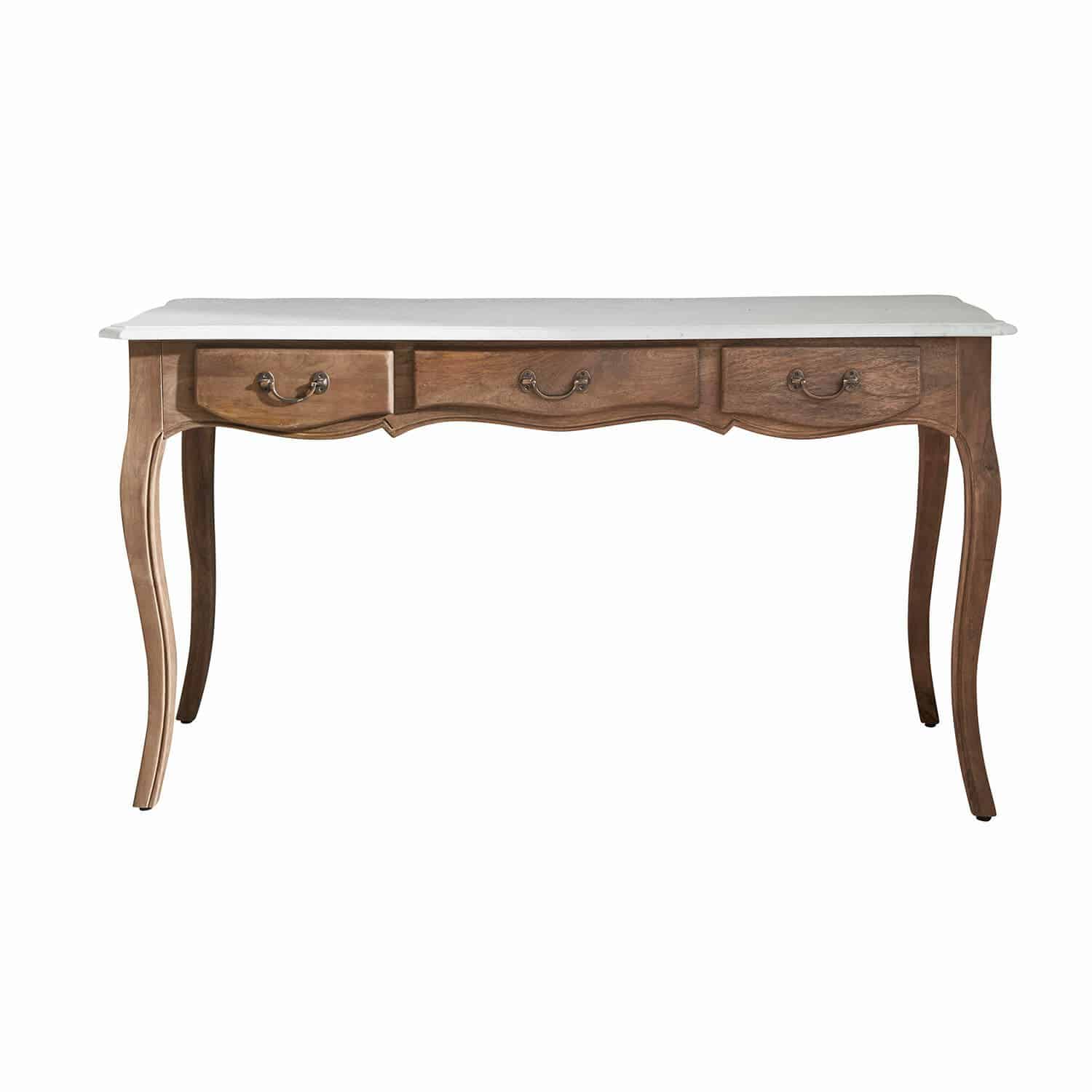 Schreibtisch Whittlesey Klassischer Schreibtisch mit Holzgestell und weißer Marmorplatte, elegantes Möbelstück