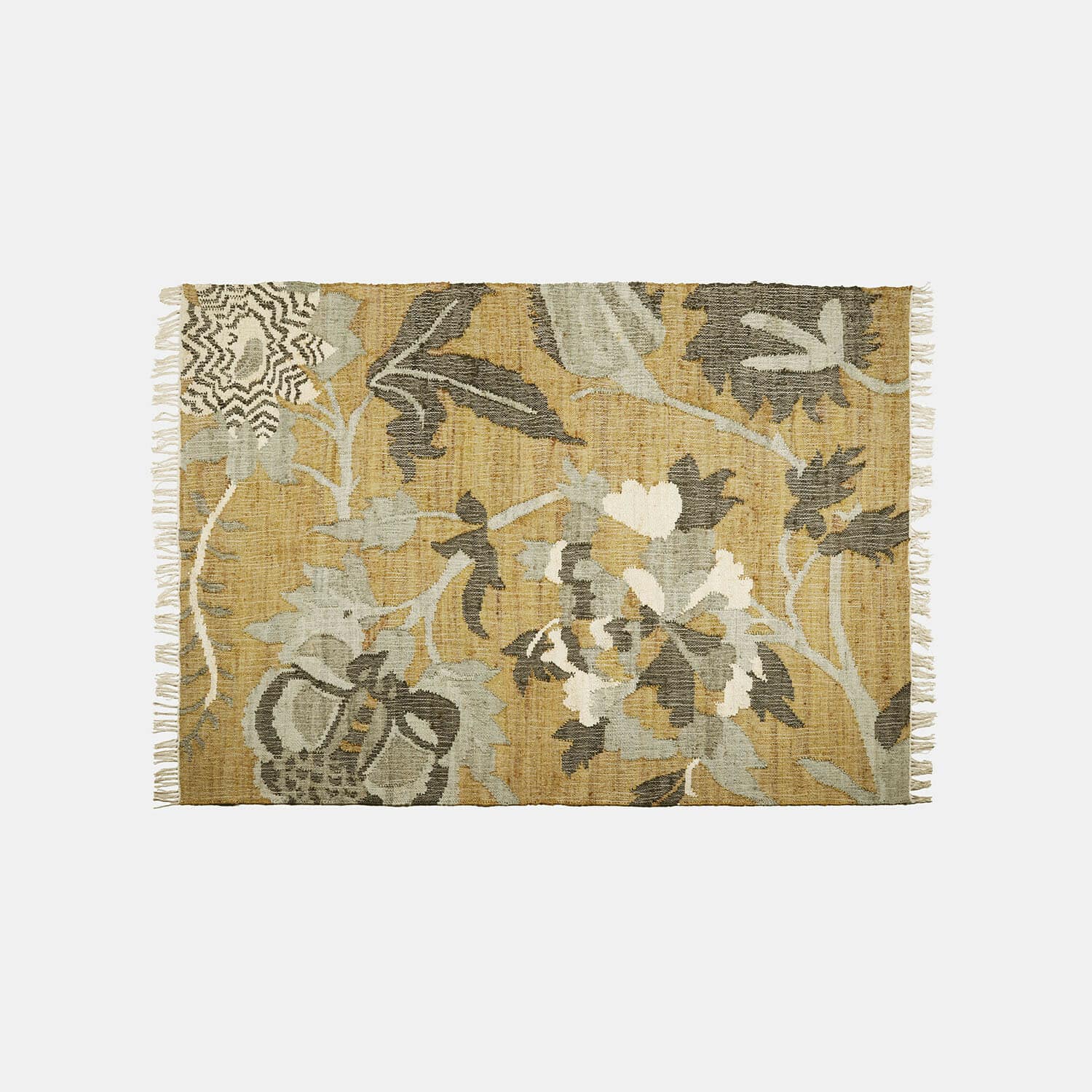 Teppich aus Naturmaterial mit beigen und grauen Blumenmustern und Fransen an den Seiten