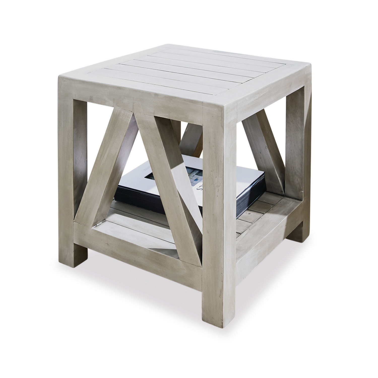 Quadratischer Beistelltisch aus grauem Holz mit Ablagefach für Bücher, modernes Wohnzimmermöbel