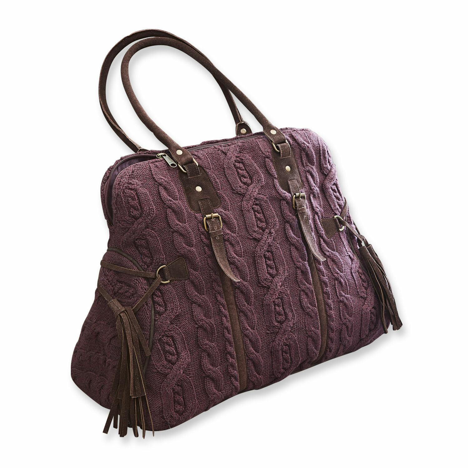 Burgunderfarbene Donna Tasche aus Strick mit braunen Ledergriffen und Quasten, modisches Accessoire