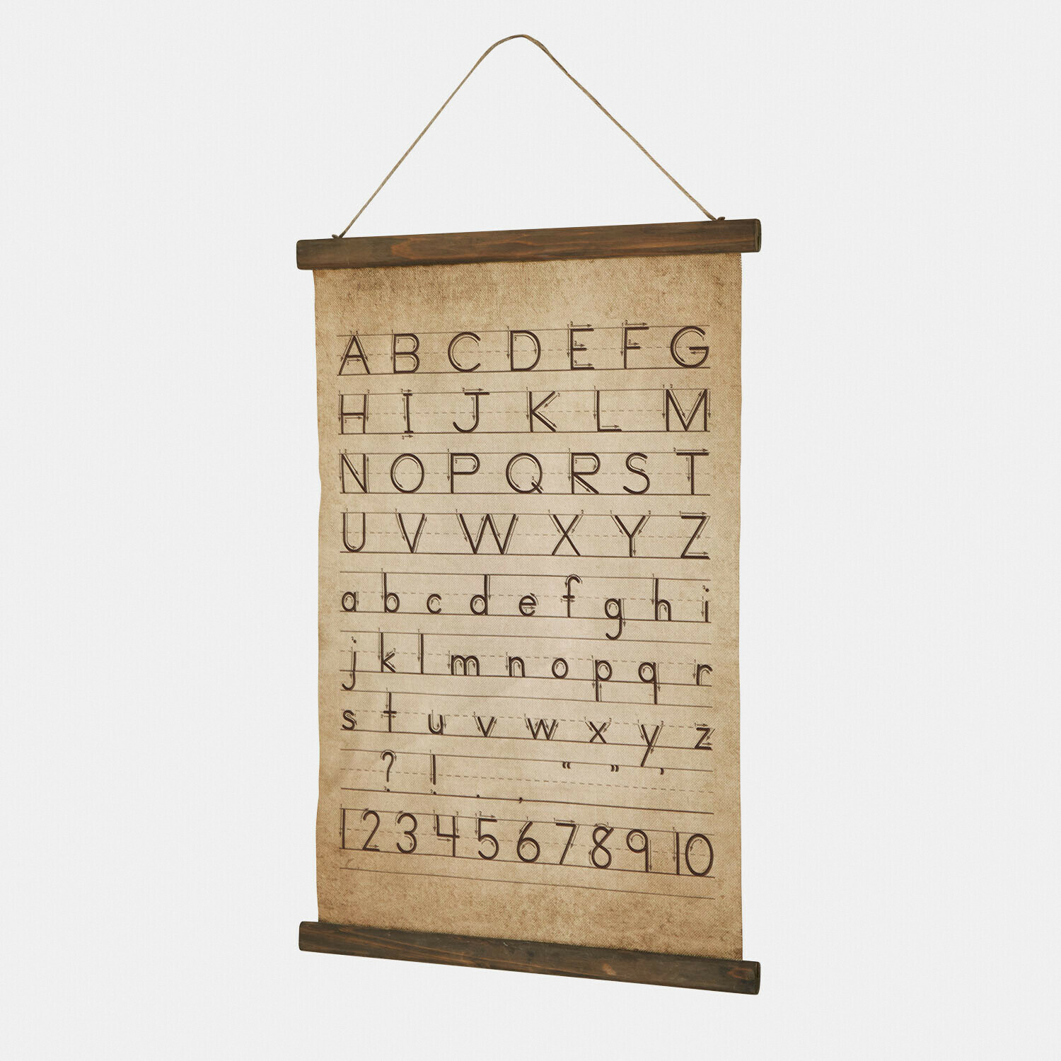 Lehrtafel mit Alphabet und Zahlen auf beigem Stoff mit Holzrahmen zum Aufhängen