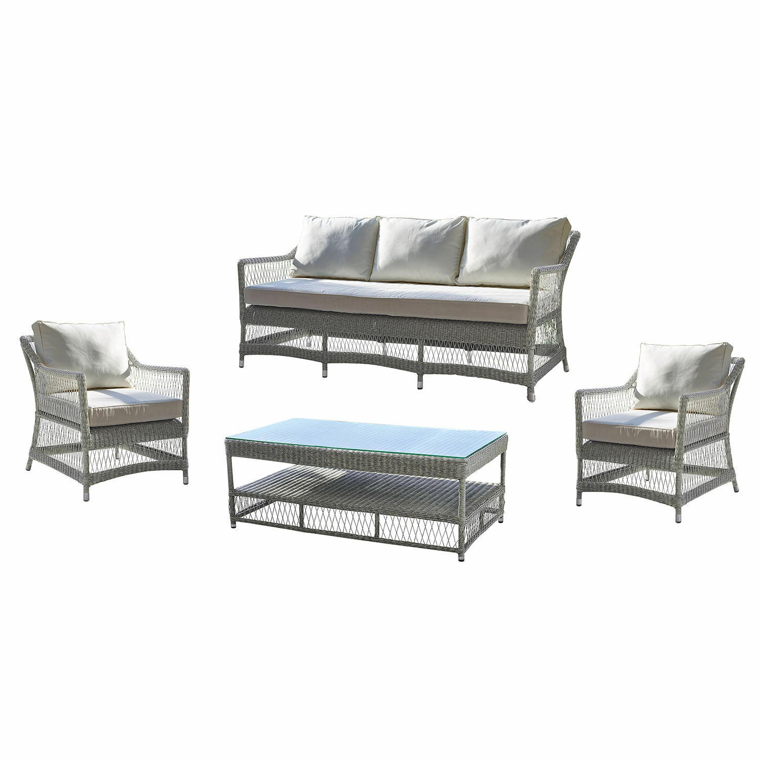 Gartenmöbel-Set aus grauem Rattan mit cremefarbenen Kissen und Glastisch