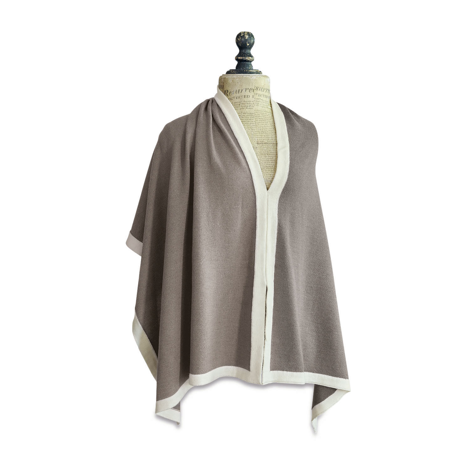 Graues Poncho mit weißem Saum aus weichem Material, modisches Kleidungsstück