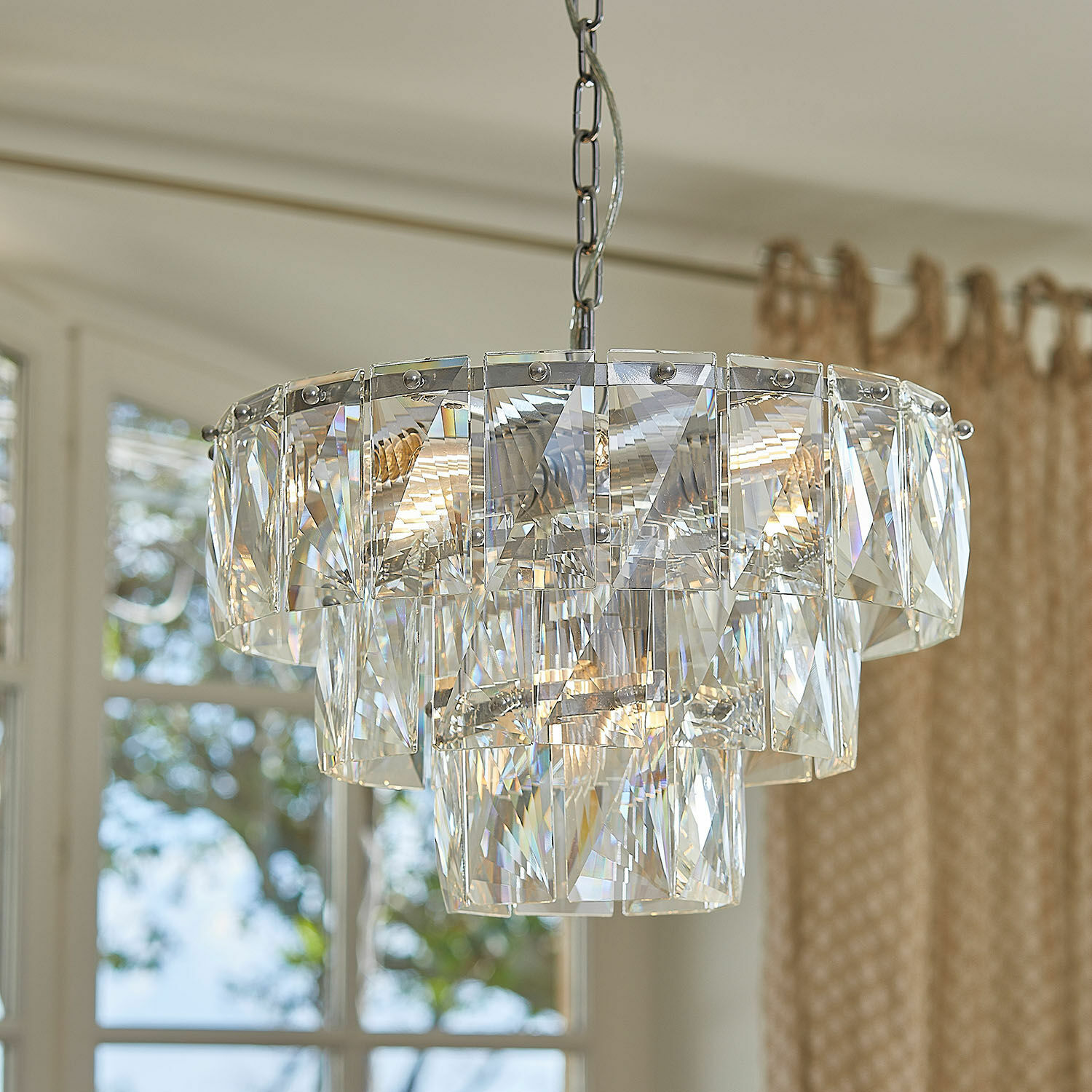 Leuchter Crystalford Hängelampe aus klarem Glas mit Kristallplatten, modernes Wohnzimmerlicht mit elegantem Design