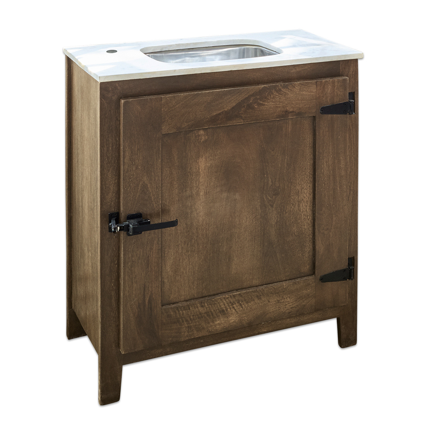 Badezimmerschrank aus Holz mit weißer Marmorplatte und integriertem Edelstahlwaschbecken