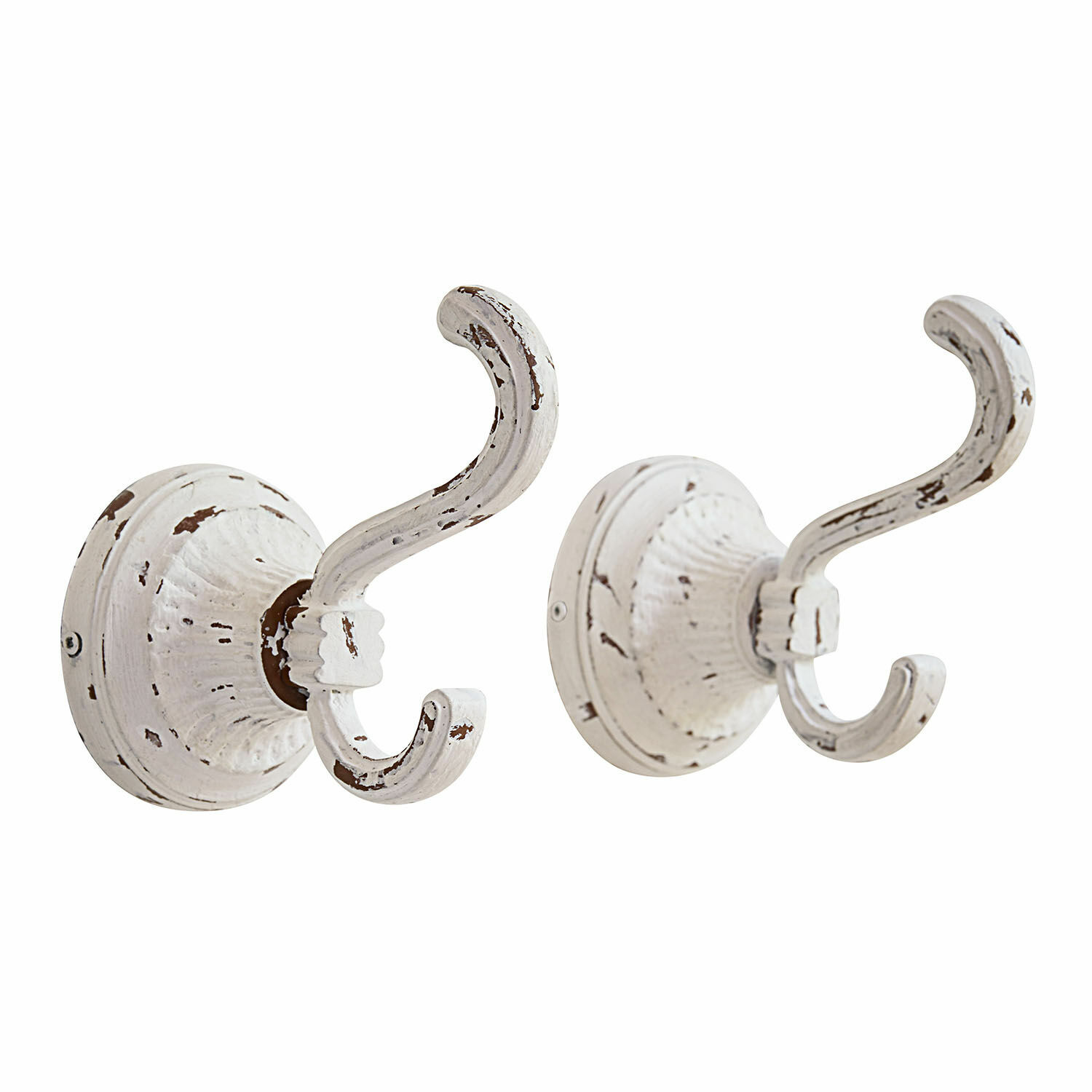 Set aus zwei weißen, antik wirkenden Metall-Wandhaken zum Aufhängen von Kleidung