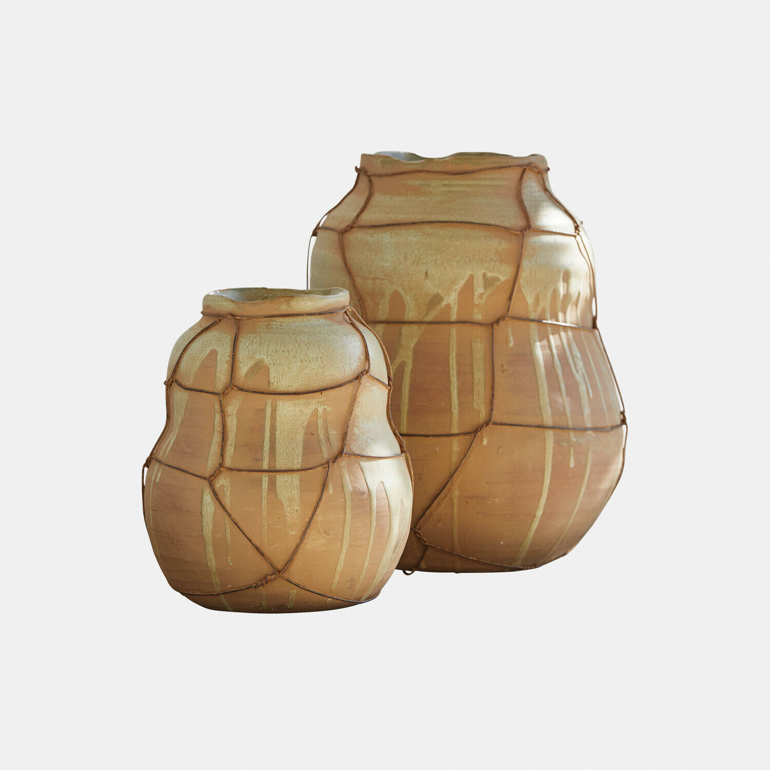 Vase 2er Set Frandoro Zwei beige Keramikvasen mit dekorativem Seil, rustikaler Stil für Wohnkultur