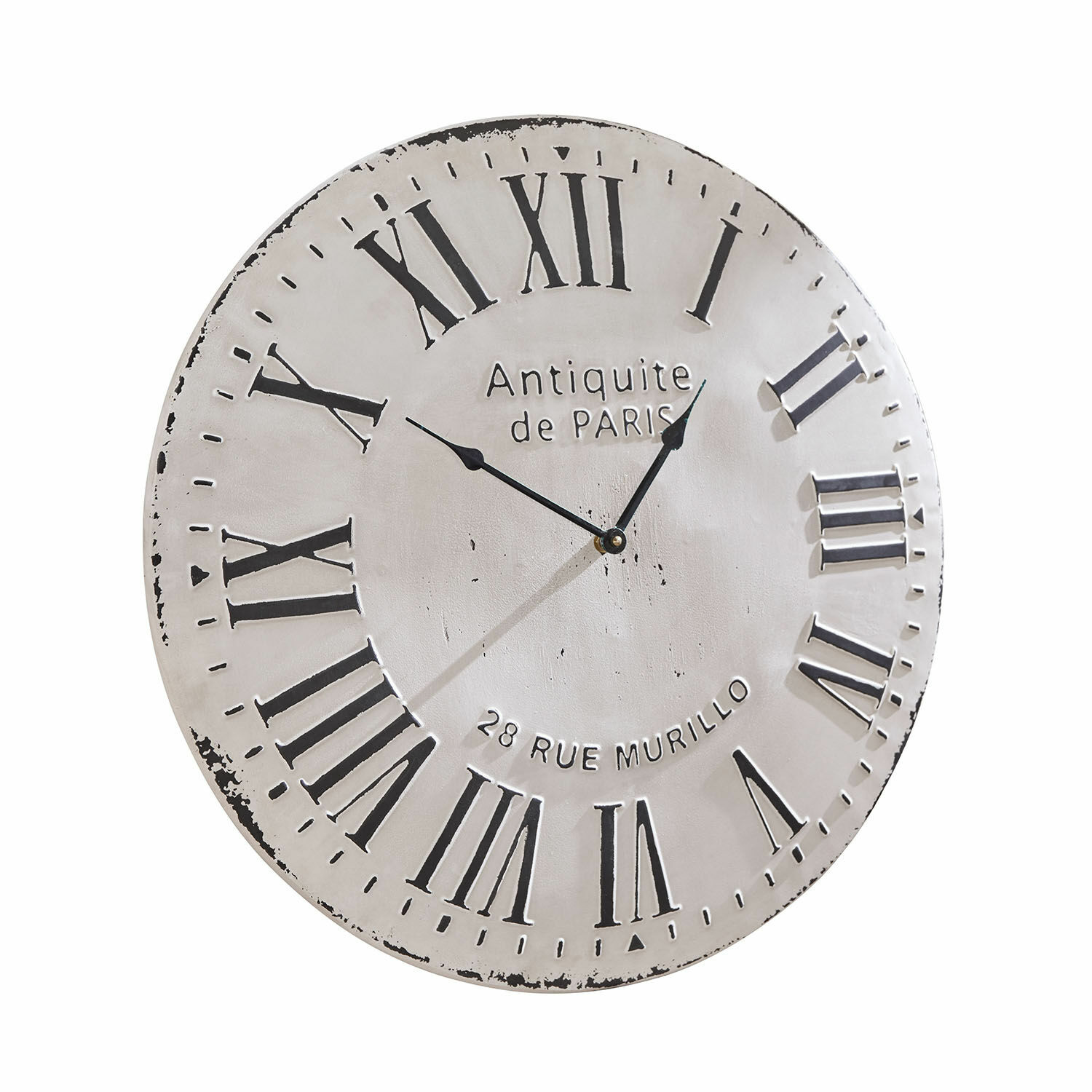 Uhr Rue Murillo Runde Wanduhr aus weißem Metall mit schwarzen römischen Ziffern im Vintage-Stil für Wohnräume