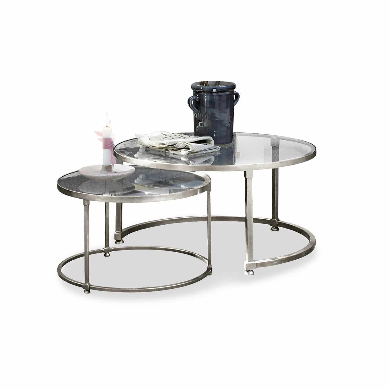 Couchtisch 2er Set Kabala Zweier-Set runder Couchtische mit Glasplatte und silbernem Metallgestell für Wohnzimmer