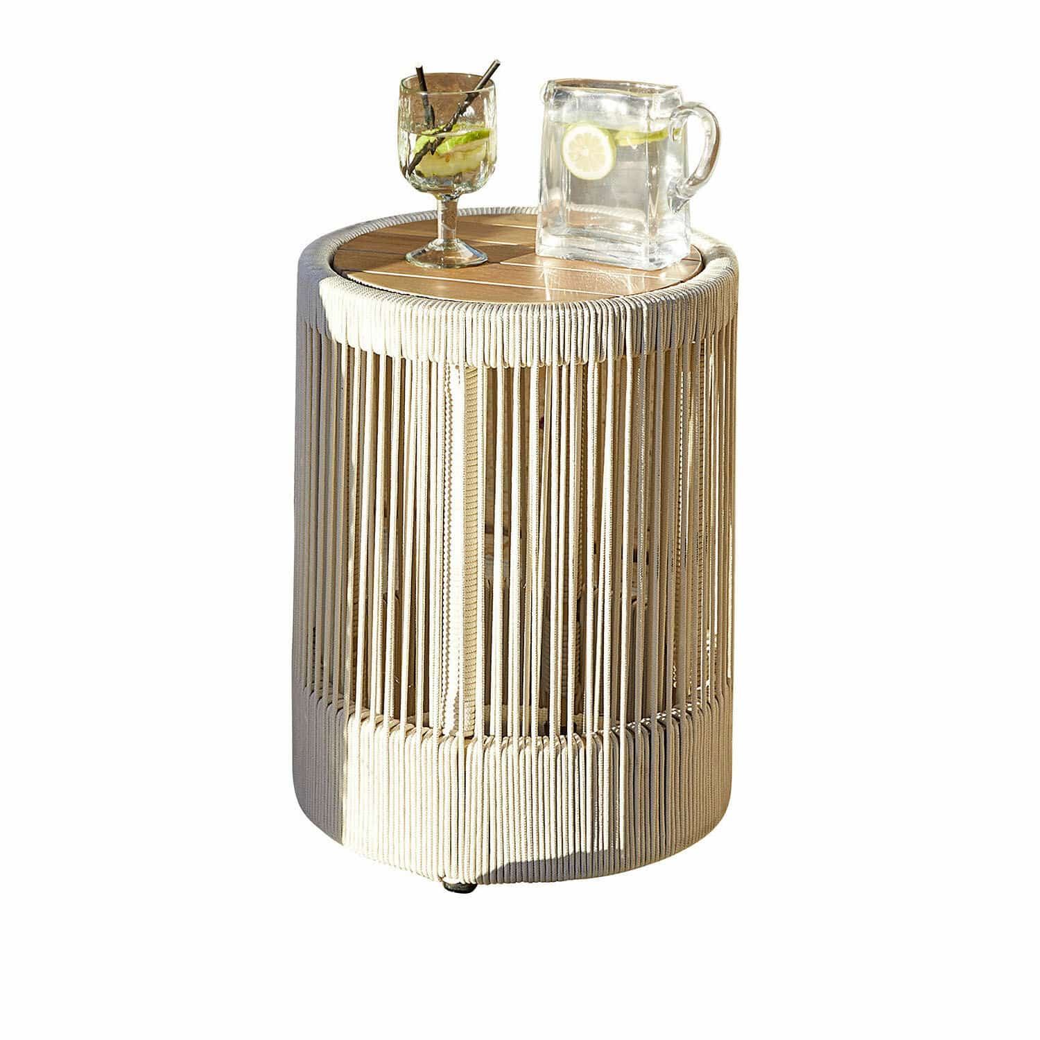 Beistelltisch Delor Runder Beistelltisch aus Holz und beigem Seil, ideal für Wohnzimmer und Garten