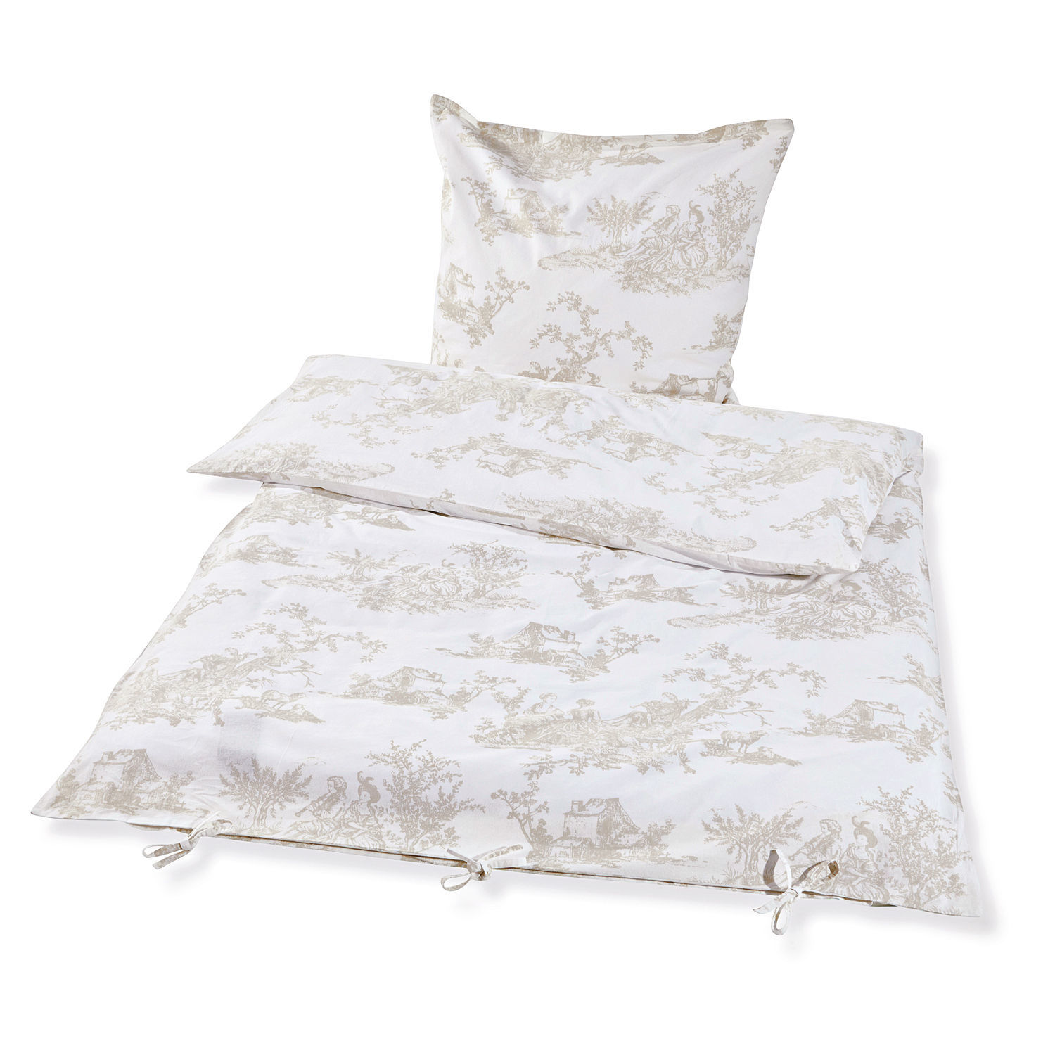 Beige Bettwäsche Pierrefeu aus Baumwolle mit zartem Landschaftsmotiv, weich und elegant