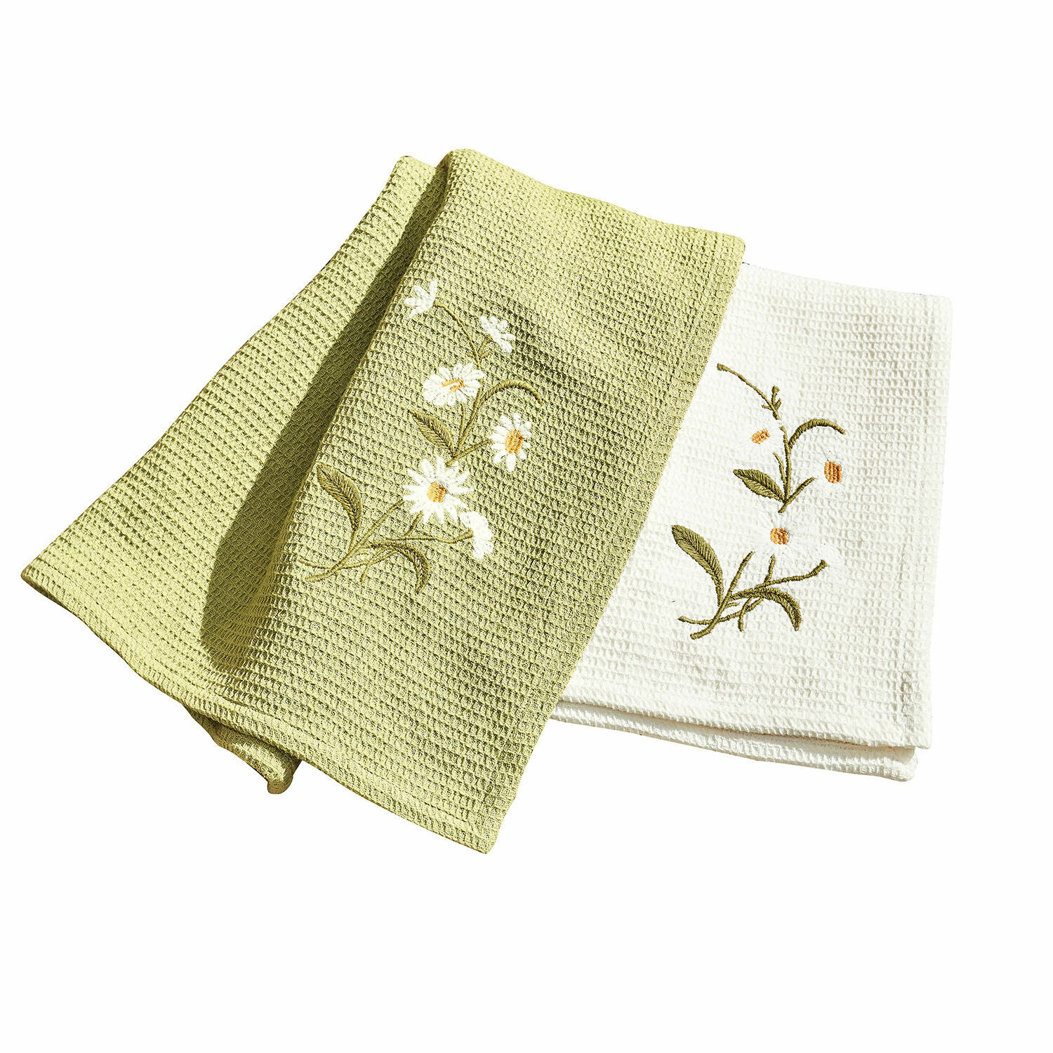 Set aus zwei Baumwoll-Geschirrtüchern in Grün und Weiß mit bestickten Blumenmotiven