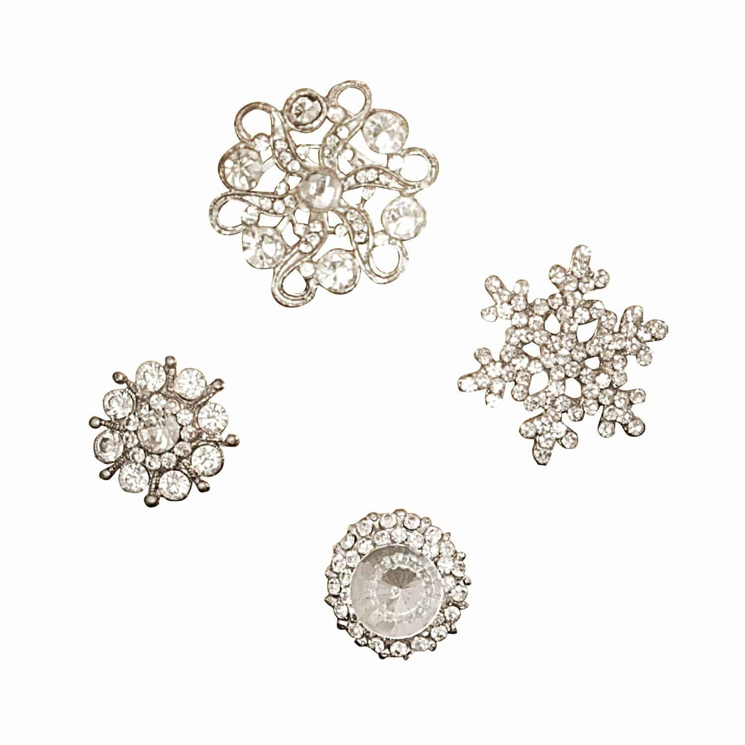 Deko-Pins 4er Set Brillliant Pins Set aus vier silbernen Schmuckknöpfen mit Kristallen für Dekoration und Nähen