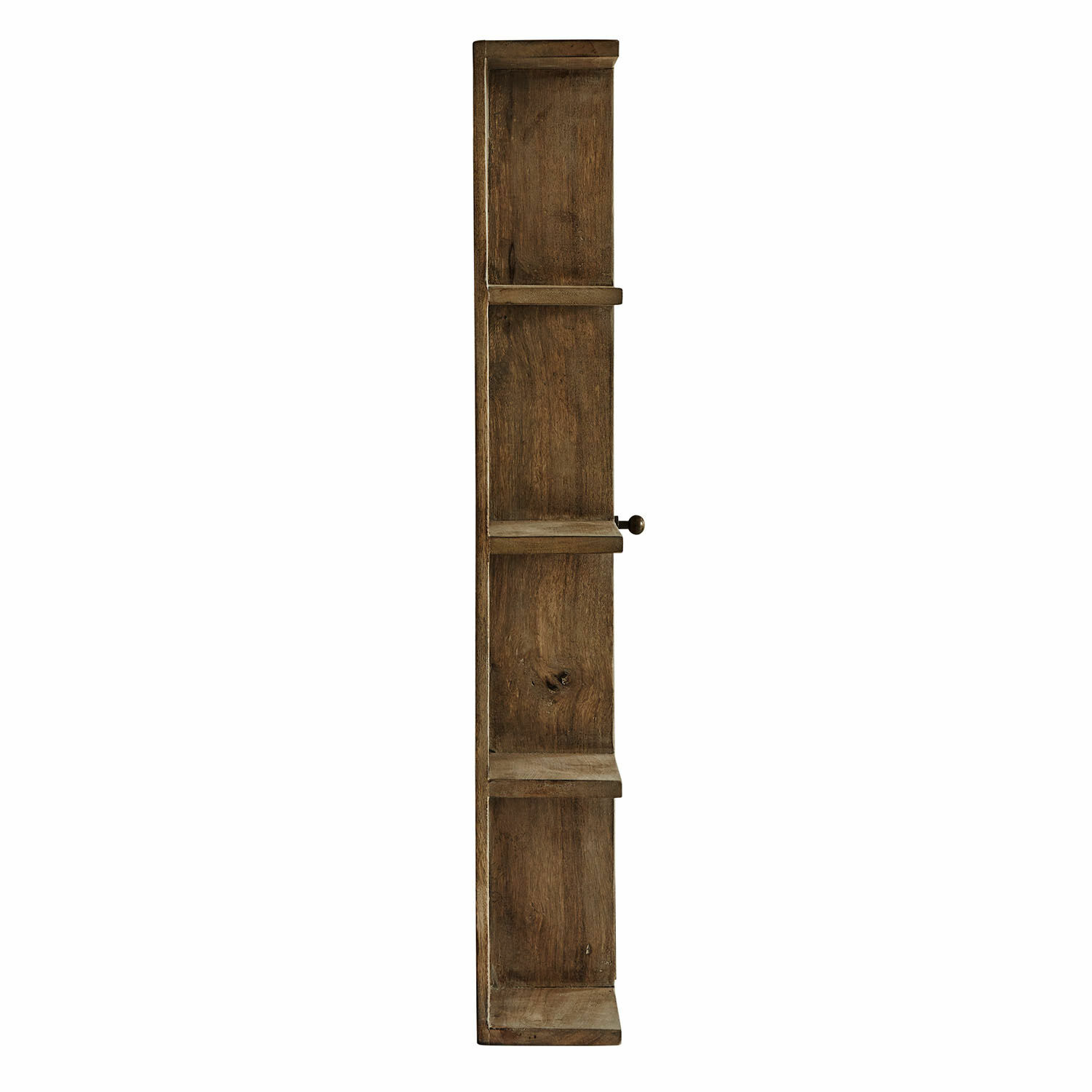 Schmale Wandregal aus braunem Holz mit mehreren Ablagen und einem Haken zum Aufhängen