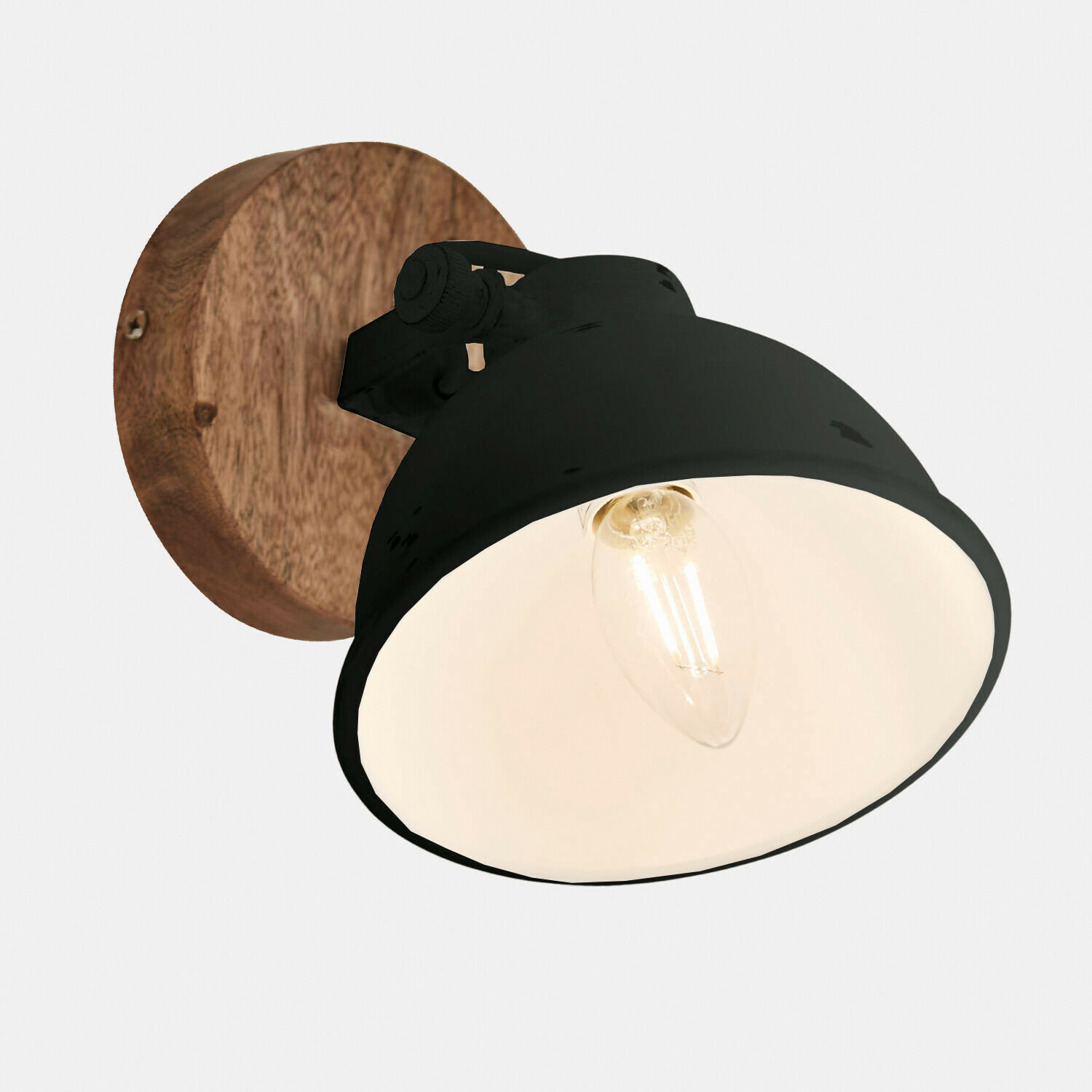 antikschwarz/braun Wandlampe aus schwarzem Metall mit braunem Holzsockel im industriellen Stil