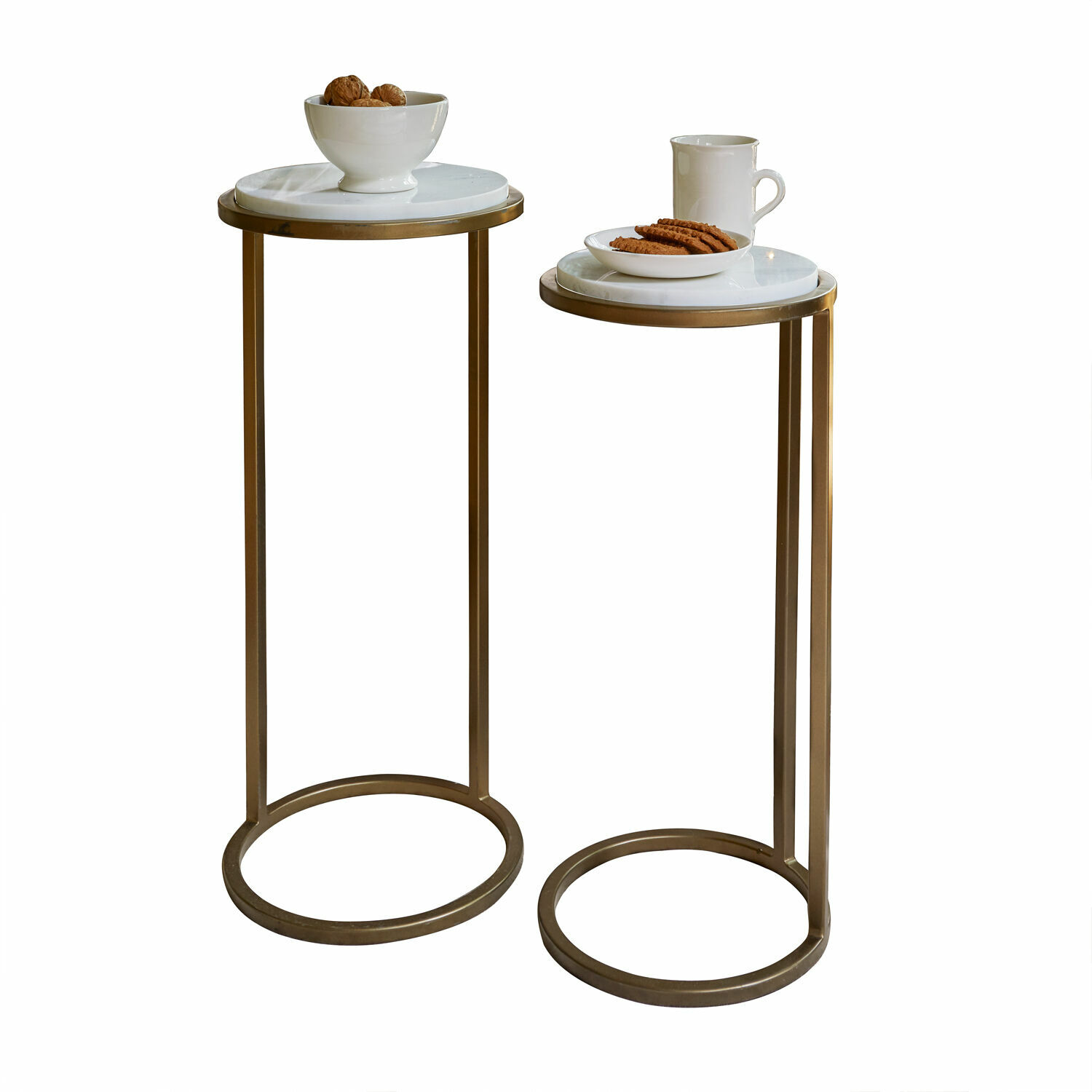 Beistelltisch 2er Set Soréline Zweier-Set Beistelltische mit weißer Marmorplatte und messingfarbenem Metallgestell