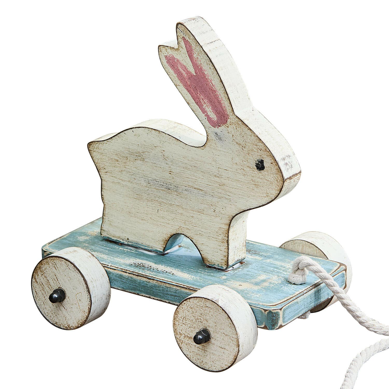 Ziehfigur Moiraine Holzspielzeug Hase in Weiß auf blauem Wagen mit Rädern und Zugseil, Kinderzubehör