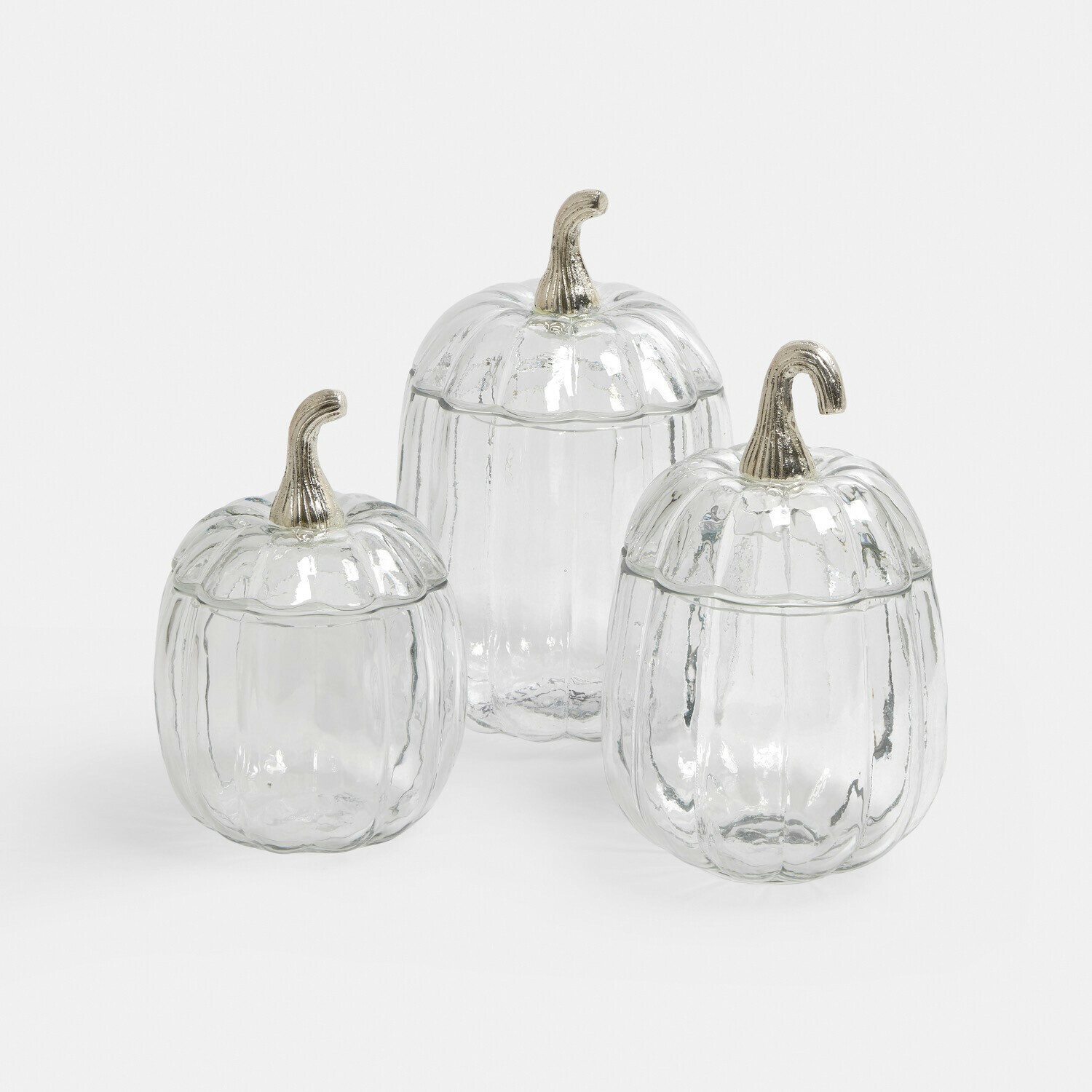 Glasdose 3er Set Alérisse Set aus drei durchsichtigen Glasbehältern in Kürbisform mit silbernen Metalldeckeln