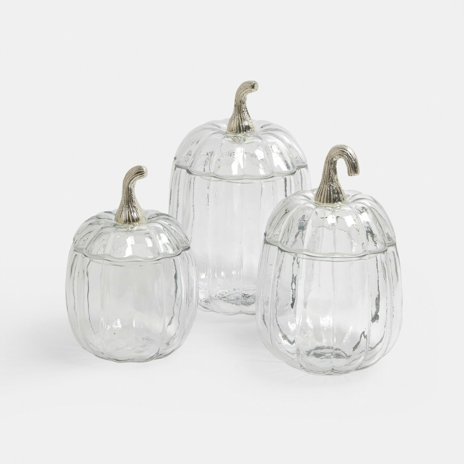 Glasdose 3er Set Alérisse Set aus drei durchsichtigen Glasbehältern in Kürbisform mit silbernen Metalldeckeln