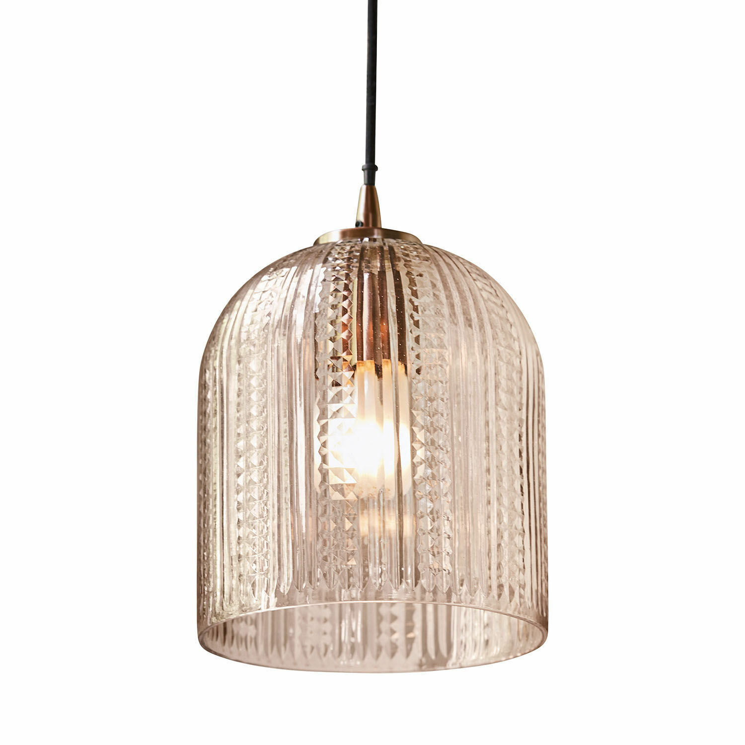 Hängelampe aus Glas mit kupferfarbenem Abschluss und Rillenmuster, modernes Wohnraumlicht