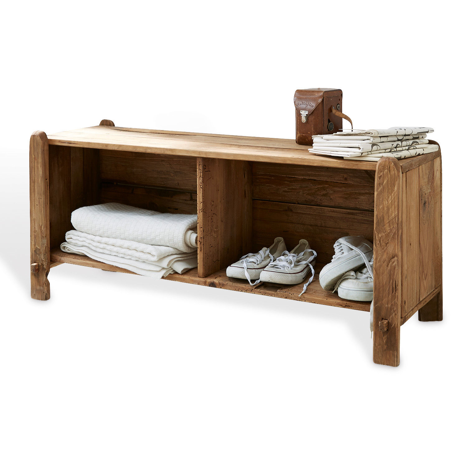 Bank Argenteuil Holzbank in Naturfarbe mit Fächern für Schuhe und Textilien, praktisches Flurmöbel