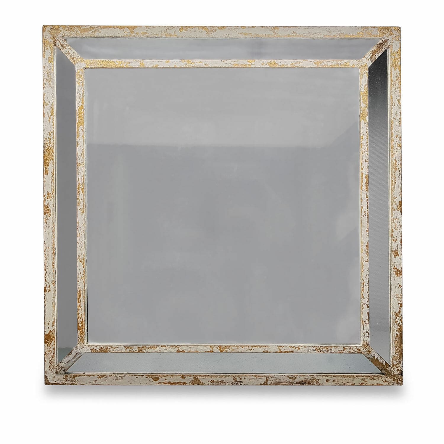 Quadratischer Spiegel mit weißem Vintage-Rahmen und Patina für Wanddekoration
