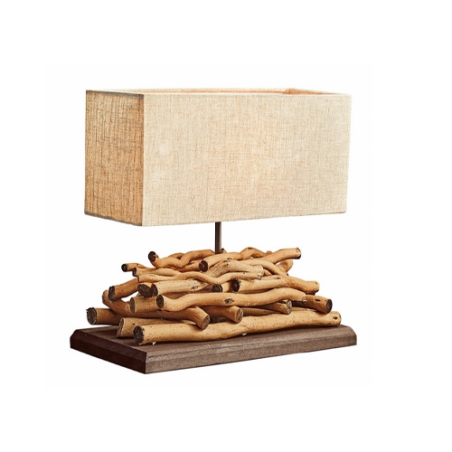 Tischlampe mit Holzsockel und rechteckigem beigem Lampenschirm, natürlicher Stil