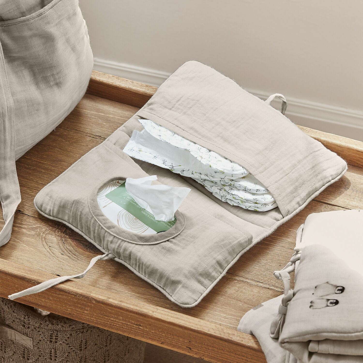 Feuchttücher-Tasche Mireval Beige Baumwoll-Organizer für Windeln und Feuchttücher, praktisch für den Wickeltisch