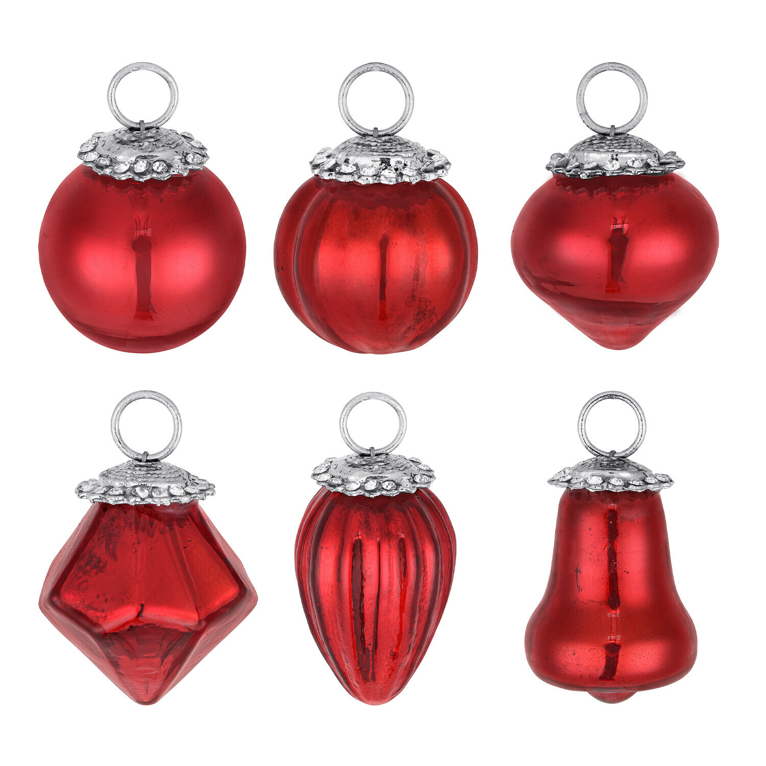 6-teiliges Set roter Weihnachtskugeln aus Glas in verschiedenen Formen mit Metallaufhängung