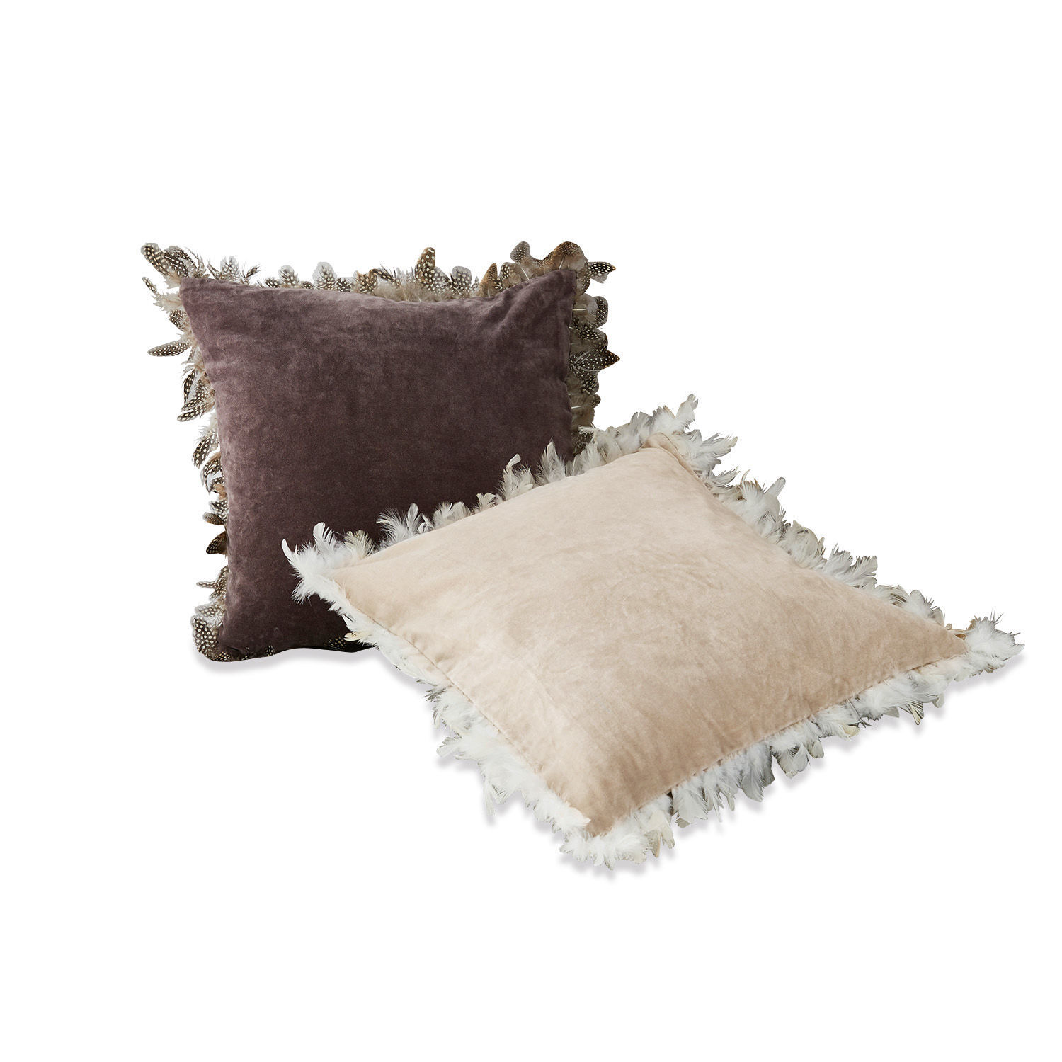 Set aus zwei dekorativen Samtkissen in Beige und Braun mit Federbesatz