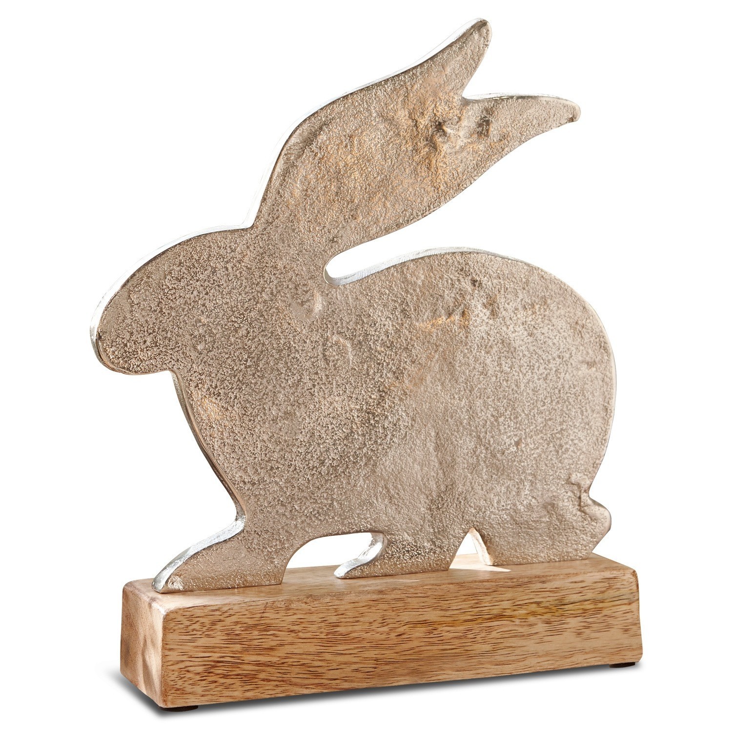 Dekorative Hasenfigur aus Metall auf Holzsockel in Silber und Naturholz, stilvolle Deko