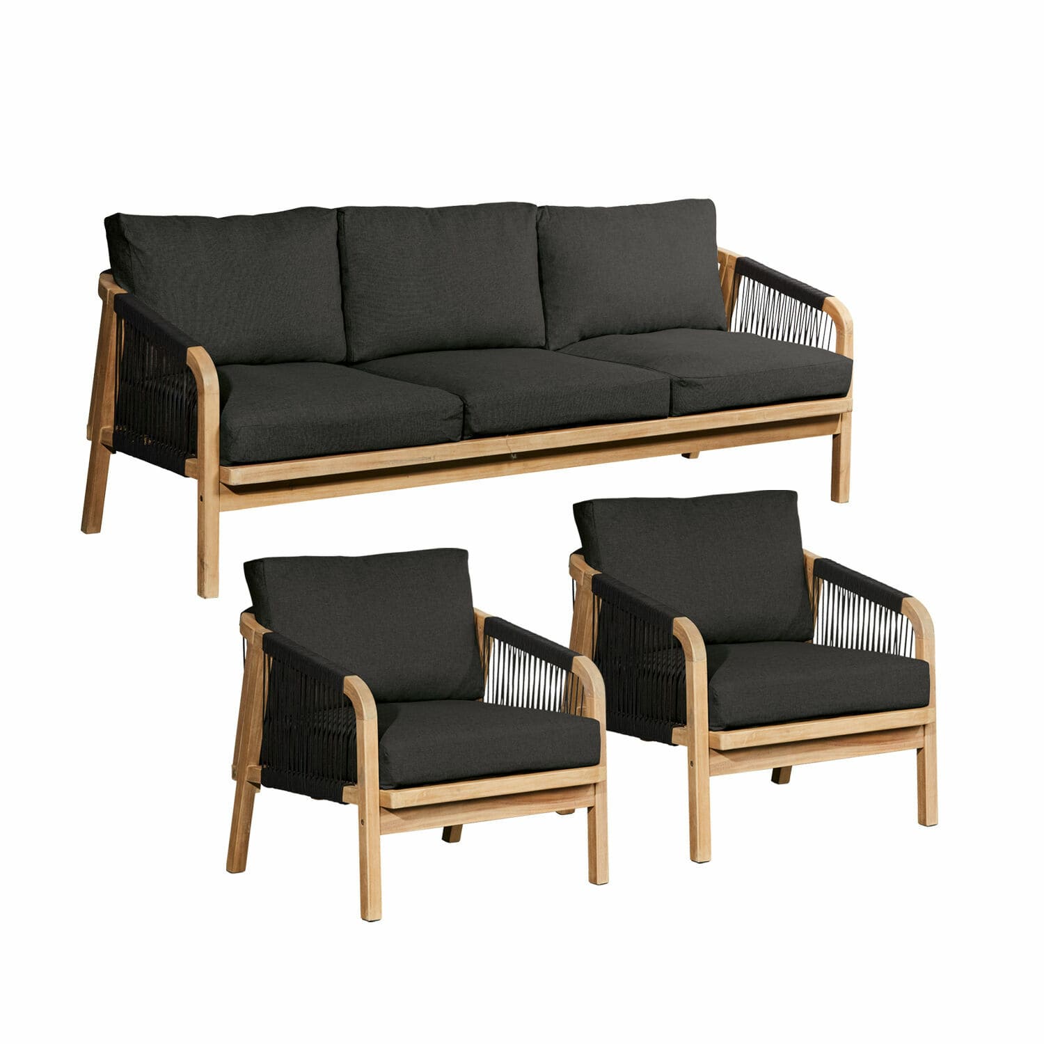 Sitzgruppe FSC®-100% Shreveport Gartenmöbel-Set aus Teakholz mit schwarzen Polstern, Sofa und zwei Sesseln