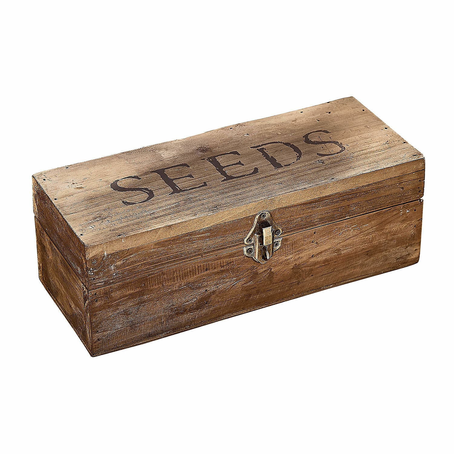 Holzbox für Samen mit Metallverschluss und Aufschrift SEEDS in natürlicher Holzfarbe