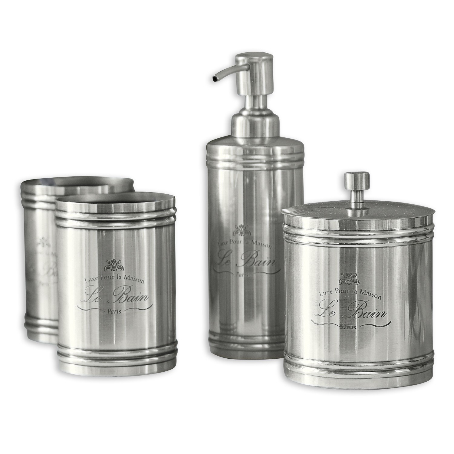 Bad-Set Le Bain Badezimmer-Set aus silbernem Edelstahl mit Spender und Behältern für Kosmetikartikel