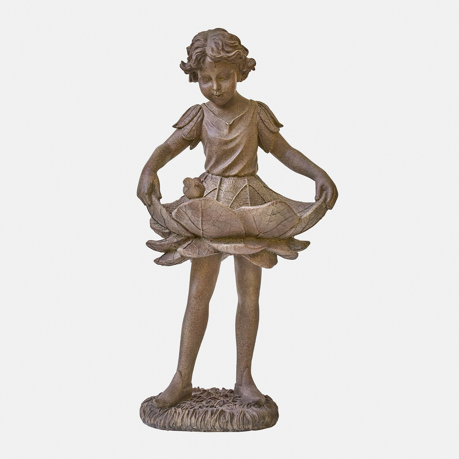 Deko-Figur Aimorise Bronzefarbene Metallfigur eines Mädchens mit Blattform als Schale, Gartendekoration