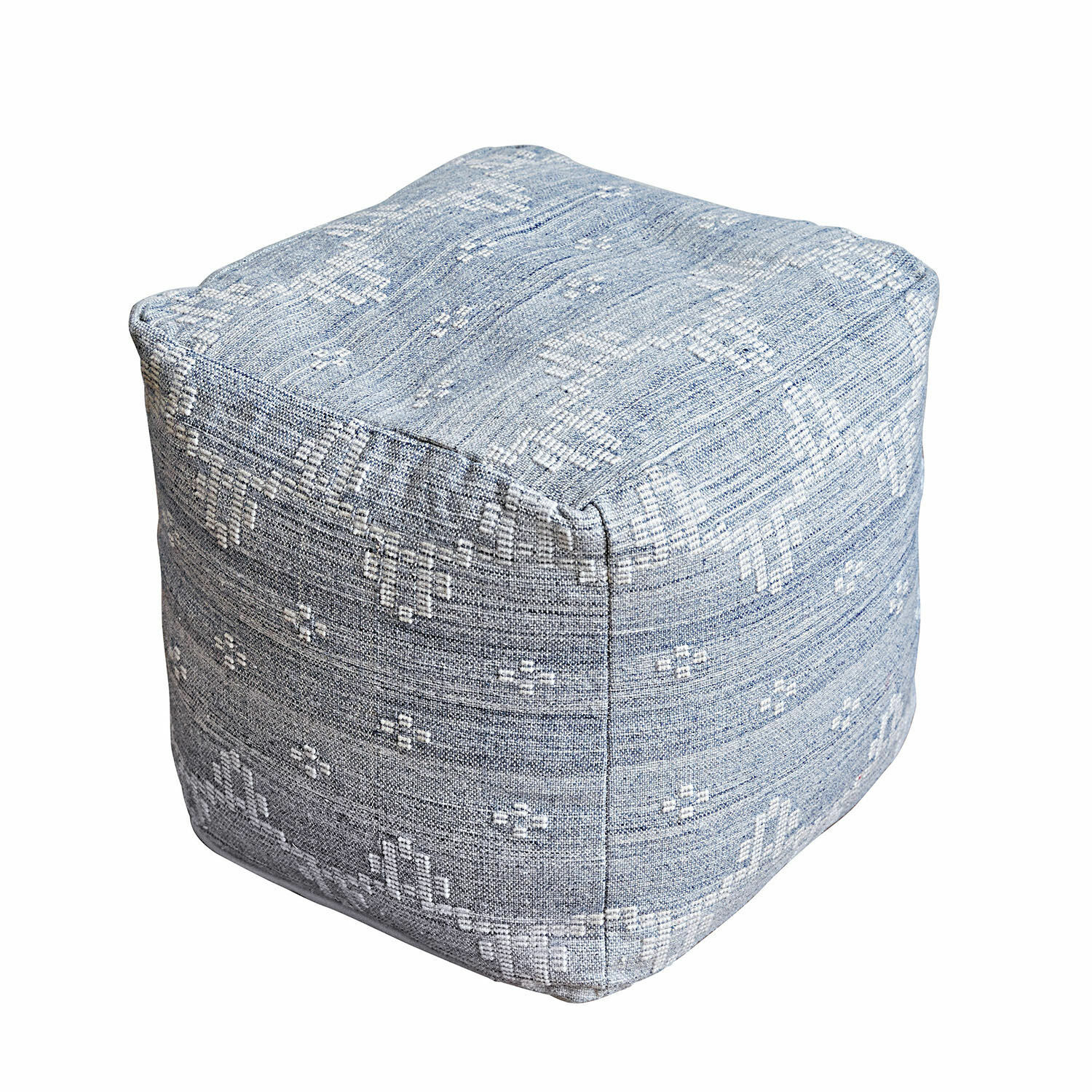Blau-grauer Stoffpouf mit dezentem Muster, bequemer Sitzhocker für Wohnzimmer oder Zimmer.