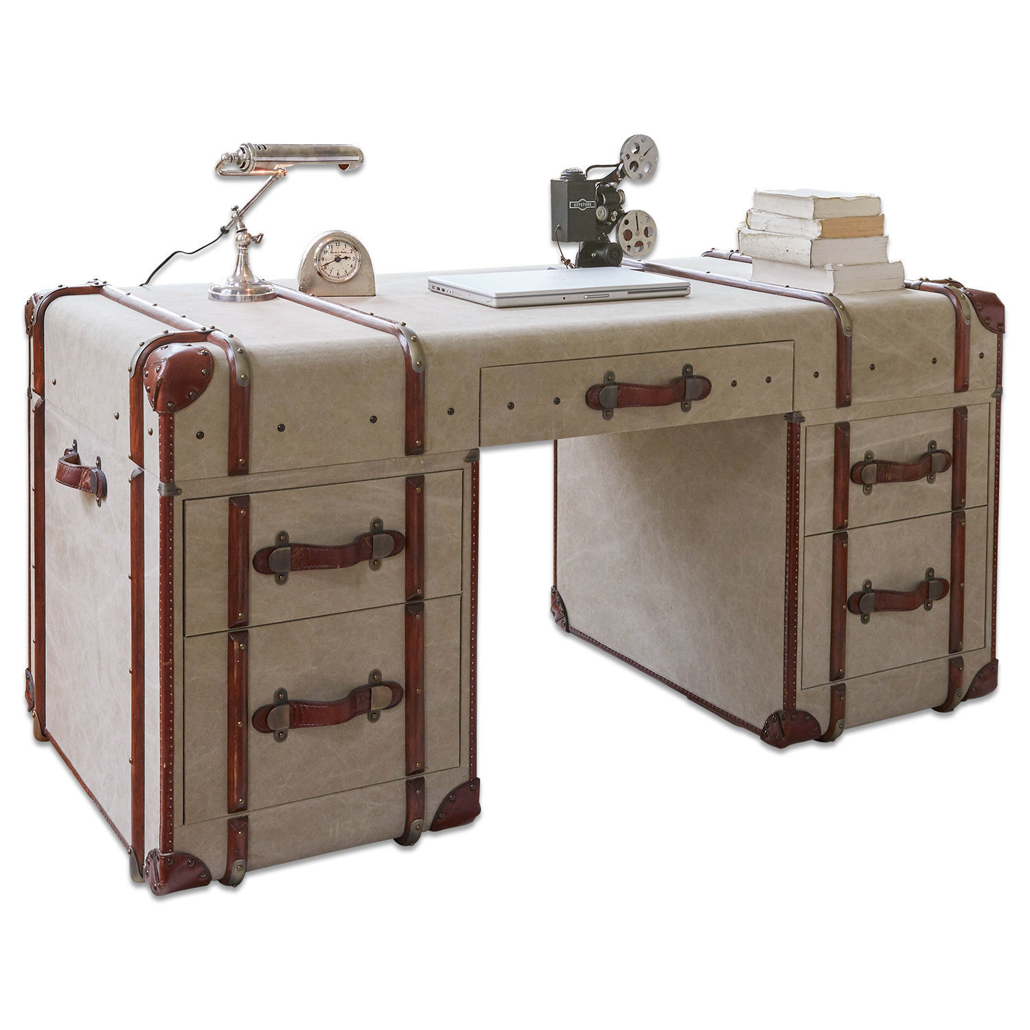 Schreibtisch im Kofferstil aus beigem Material mit braunen Lederbändern, Vintage-Design