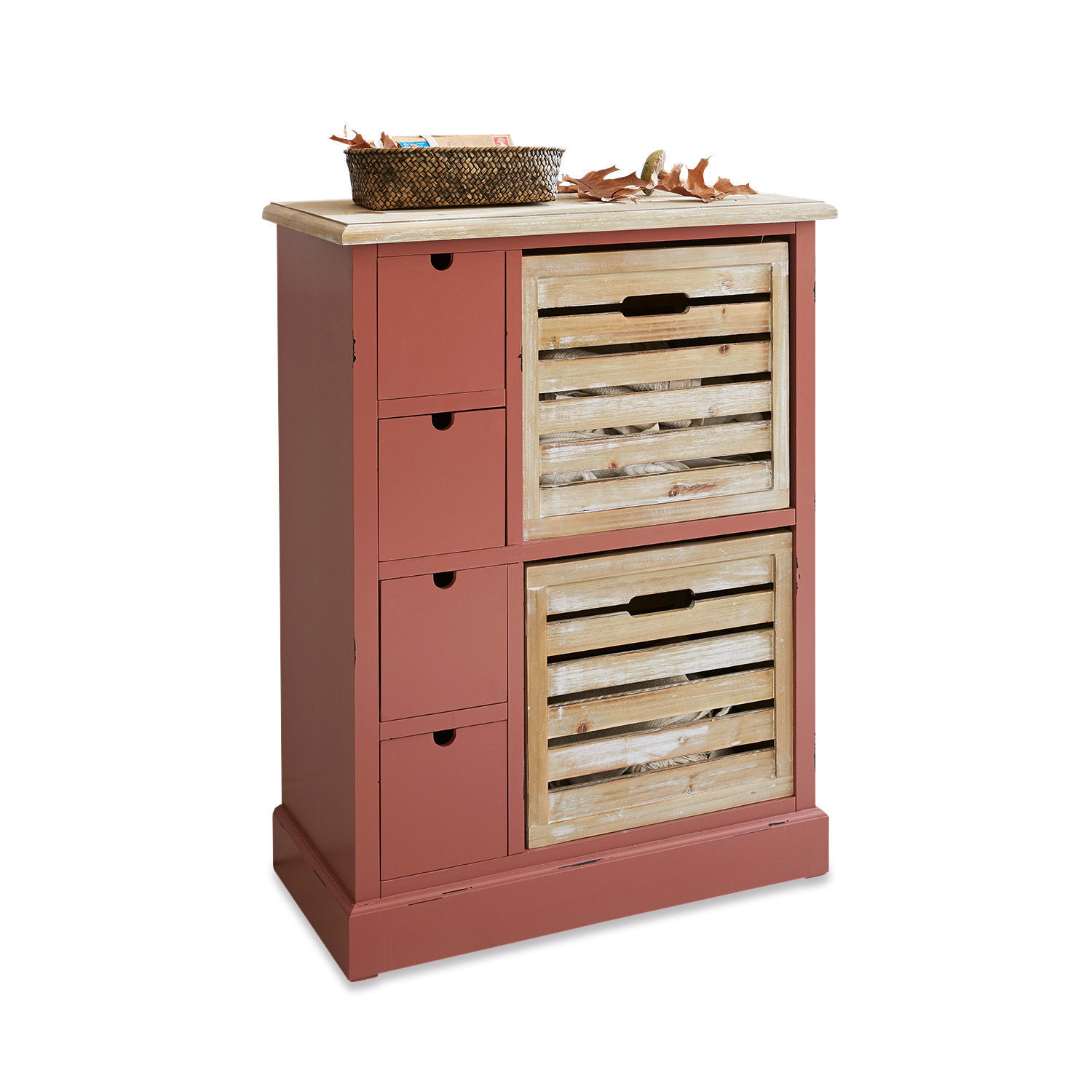 Kommode aus Holz in Ziegelrot mit zwei hellen Holzschubladen und einem Korb oben