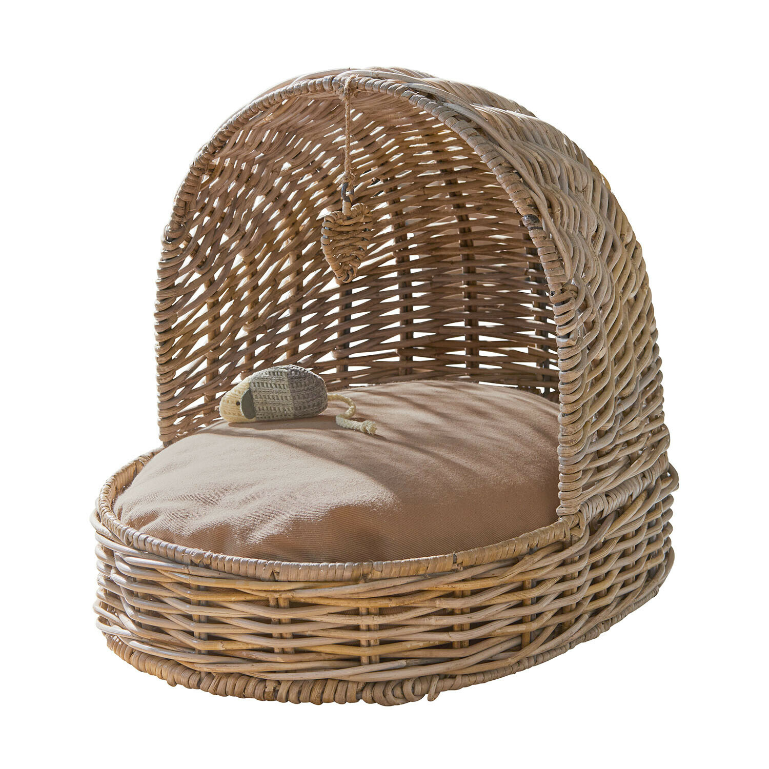 Haustierkorb Charmoise Runder Korb aus Rattan mit beigem Kissen und Spielzeugmaus, gemütliches Haustierbett