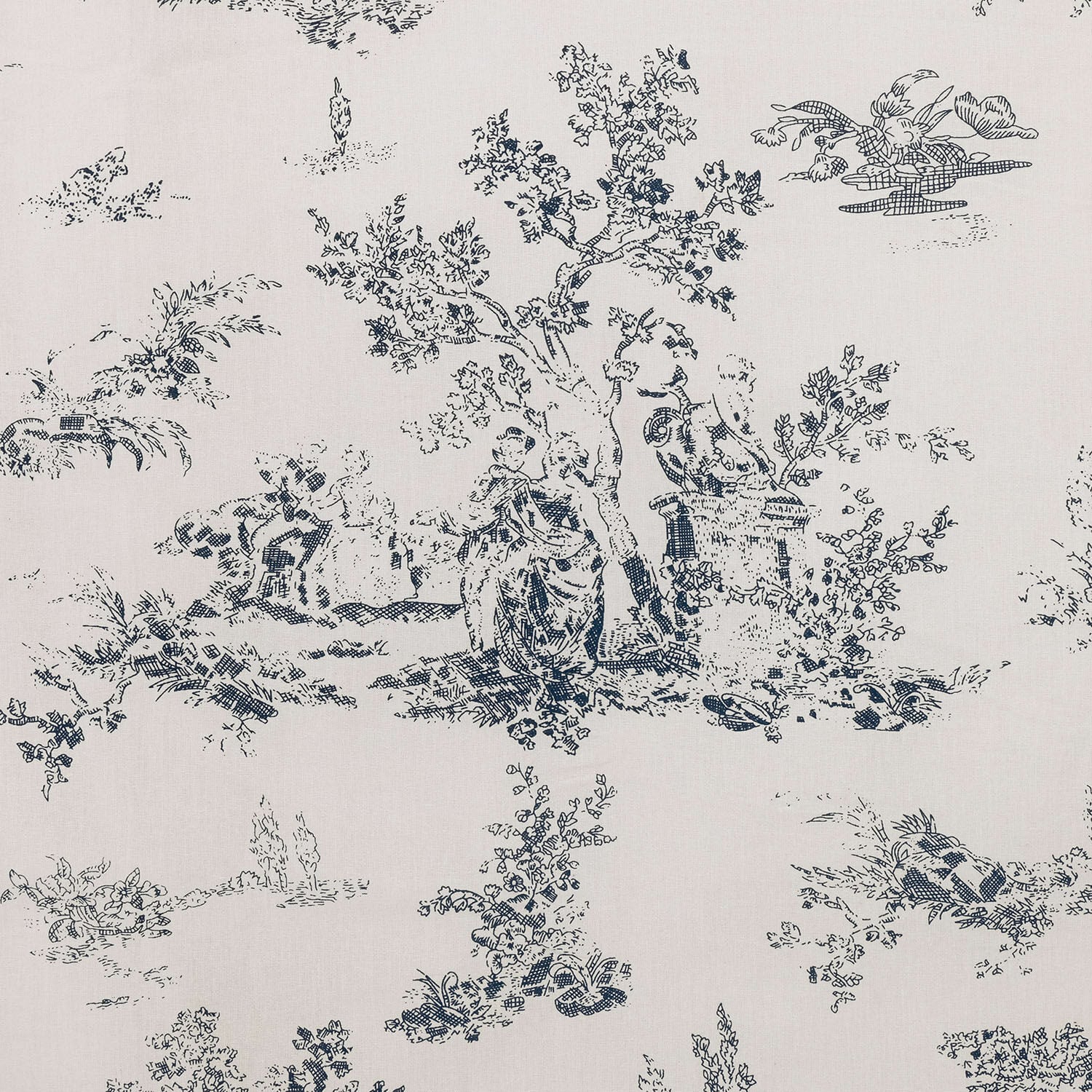 Dekorativer Stoff mit klassischem Toile-de-Jouy-Muster in Dunkelblau auf hellem Hintergrund