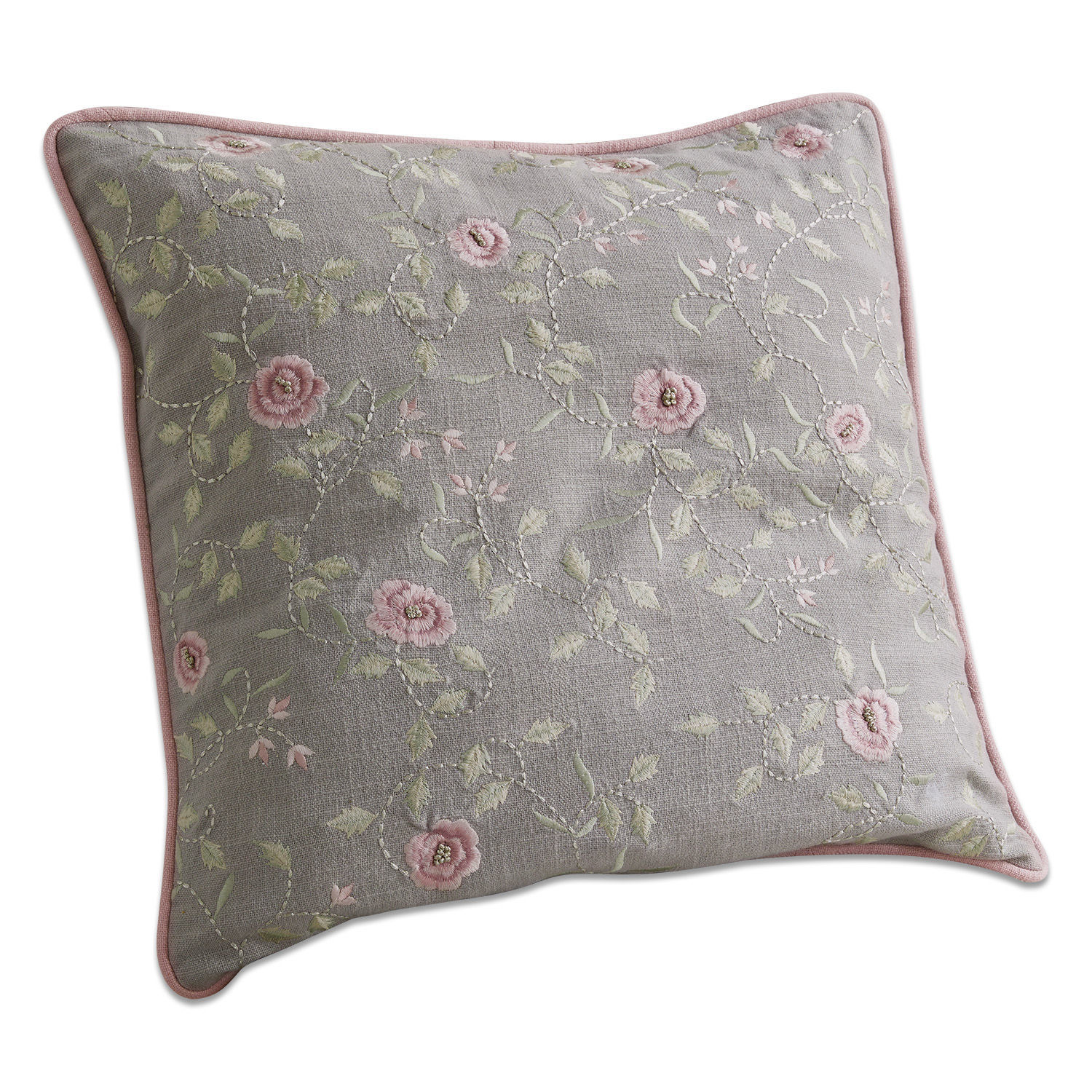 Graues Leinenkissen mit rosa Paspel und bestickten Blumen, dekorativ für Wohnzimmer