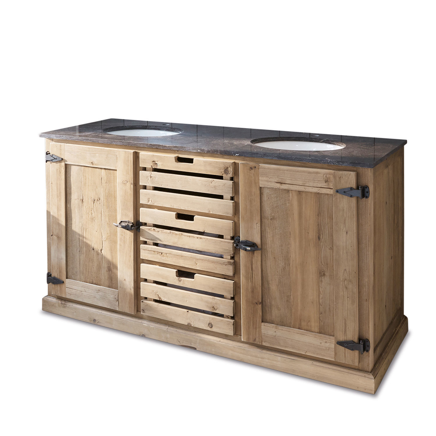 Holz-Badezimmerschrank mit schwarzer Marmorplatte und zwei runden Waschbecken