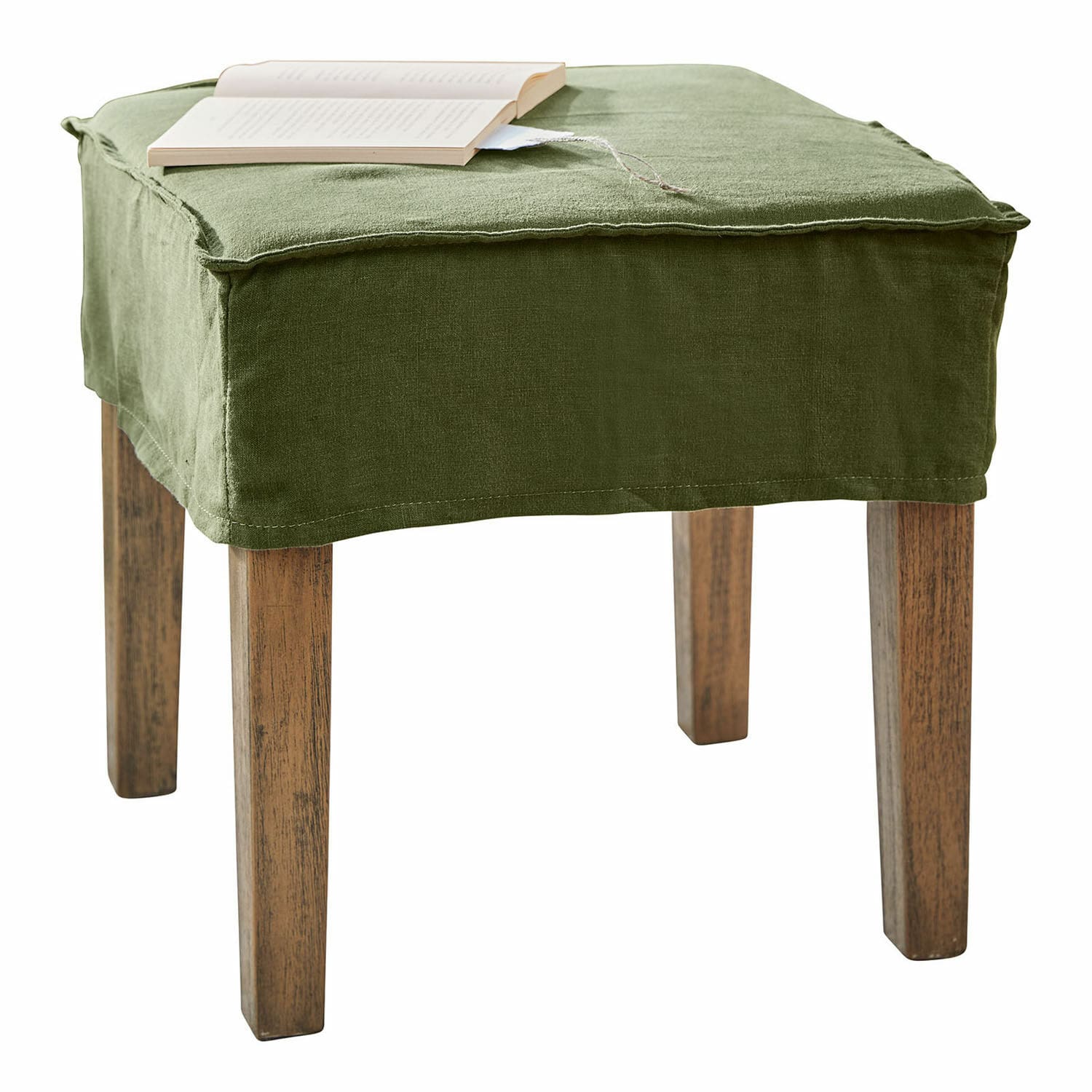 Hocker Vionnique Grüner Hocker mit Leinenbezug und Holzbeinen, praktisches Möbelstück fürs Wohnzimmer