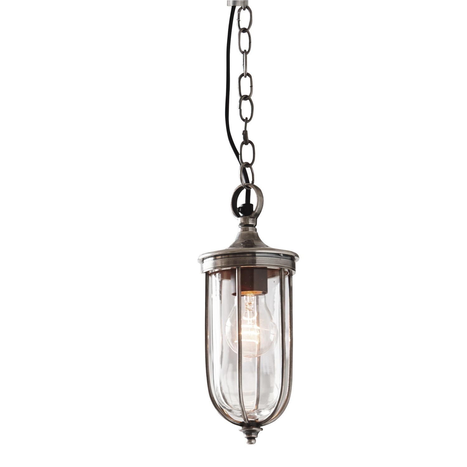 Hängelampe aus Metall und Glas in Silber mit sichtbarer Glühbirne, dekorative Beleuchtung
