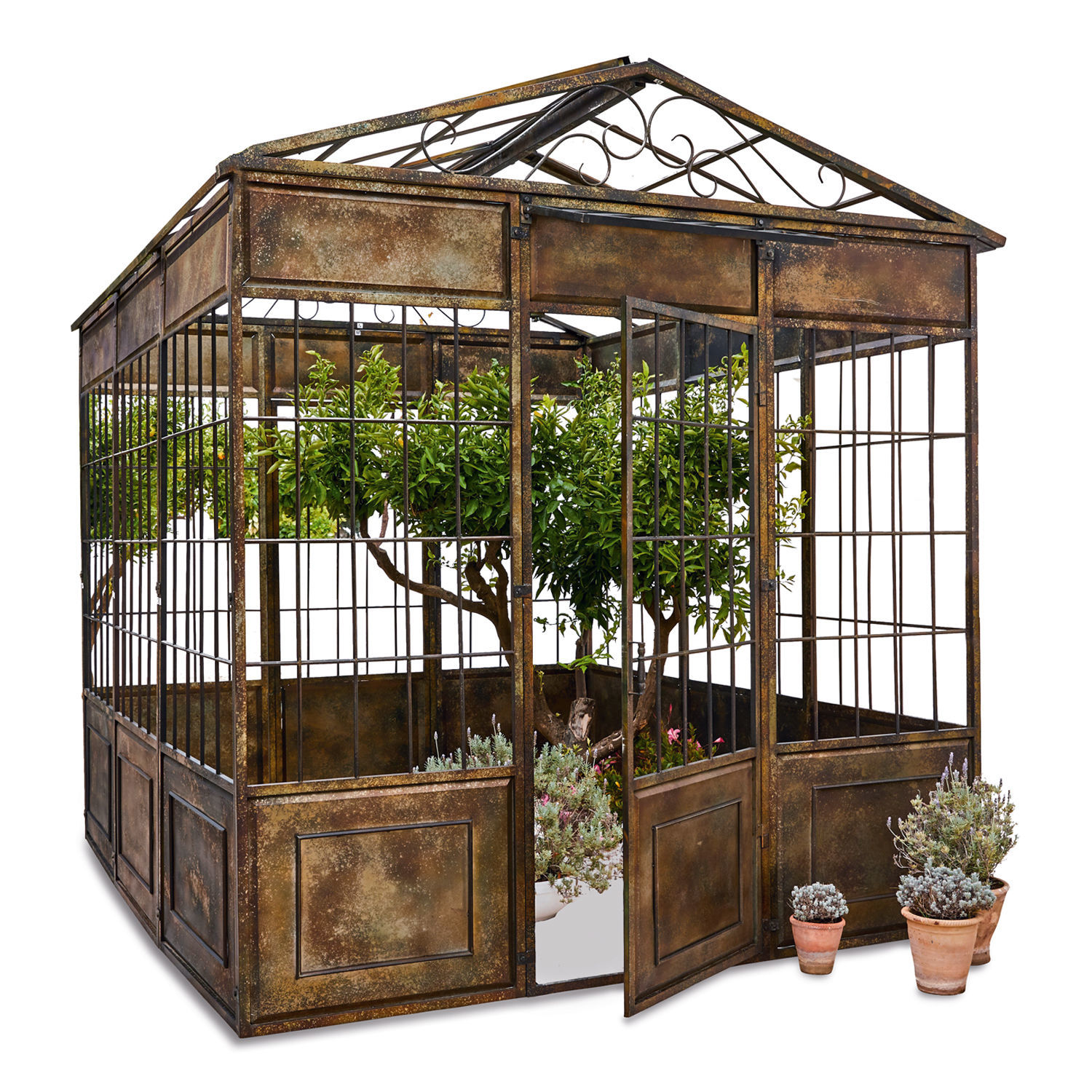 Antikbrauner Metallpavillon mit offener Tür und Pflanzen im Inneren für den Garten