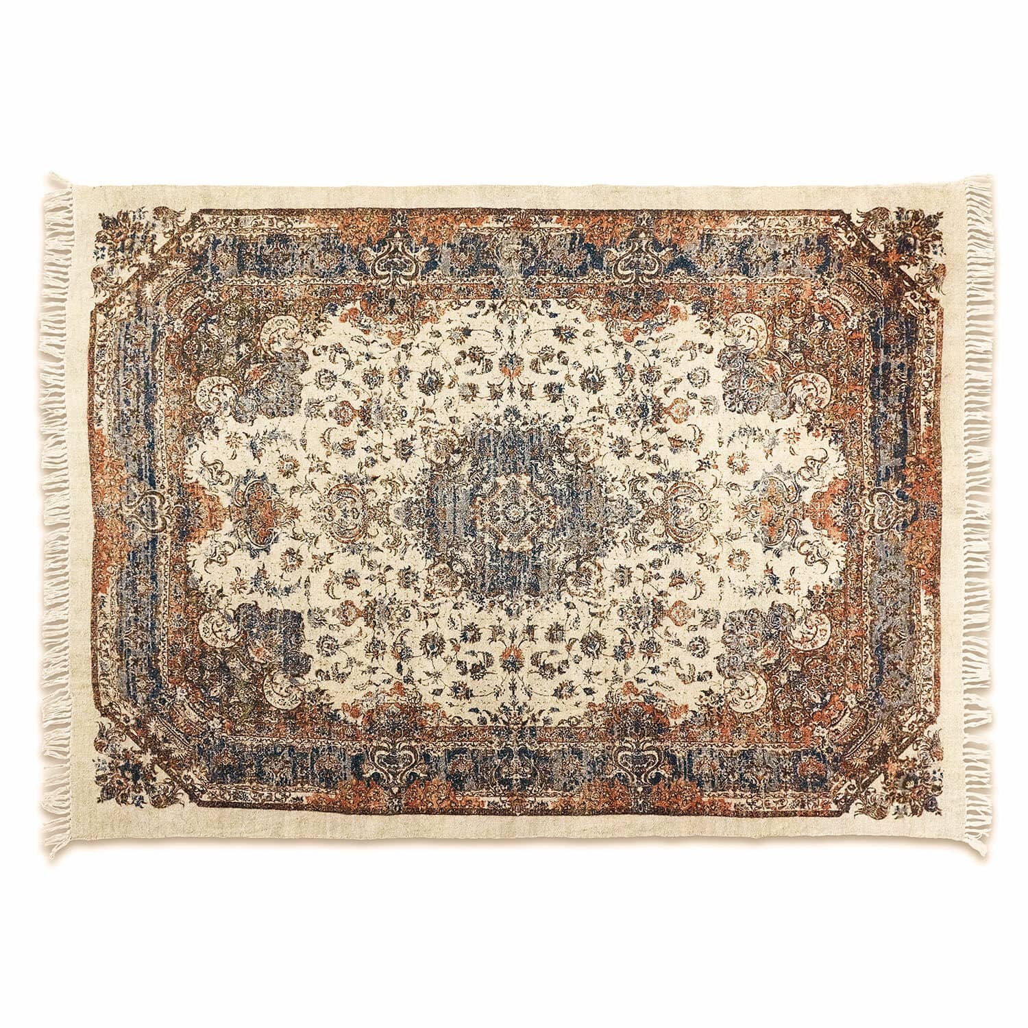 Teppich Aleixo Baumwollteppich in Creme mit braunen Mustern und Fransen, stilvolle Wohnraumdekoration