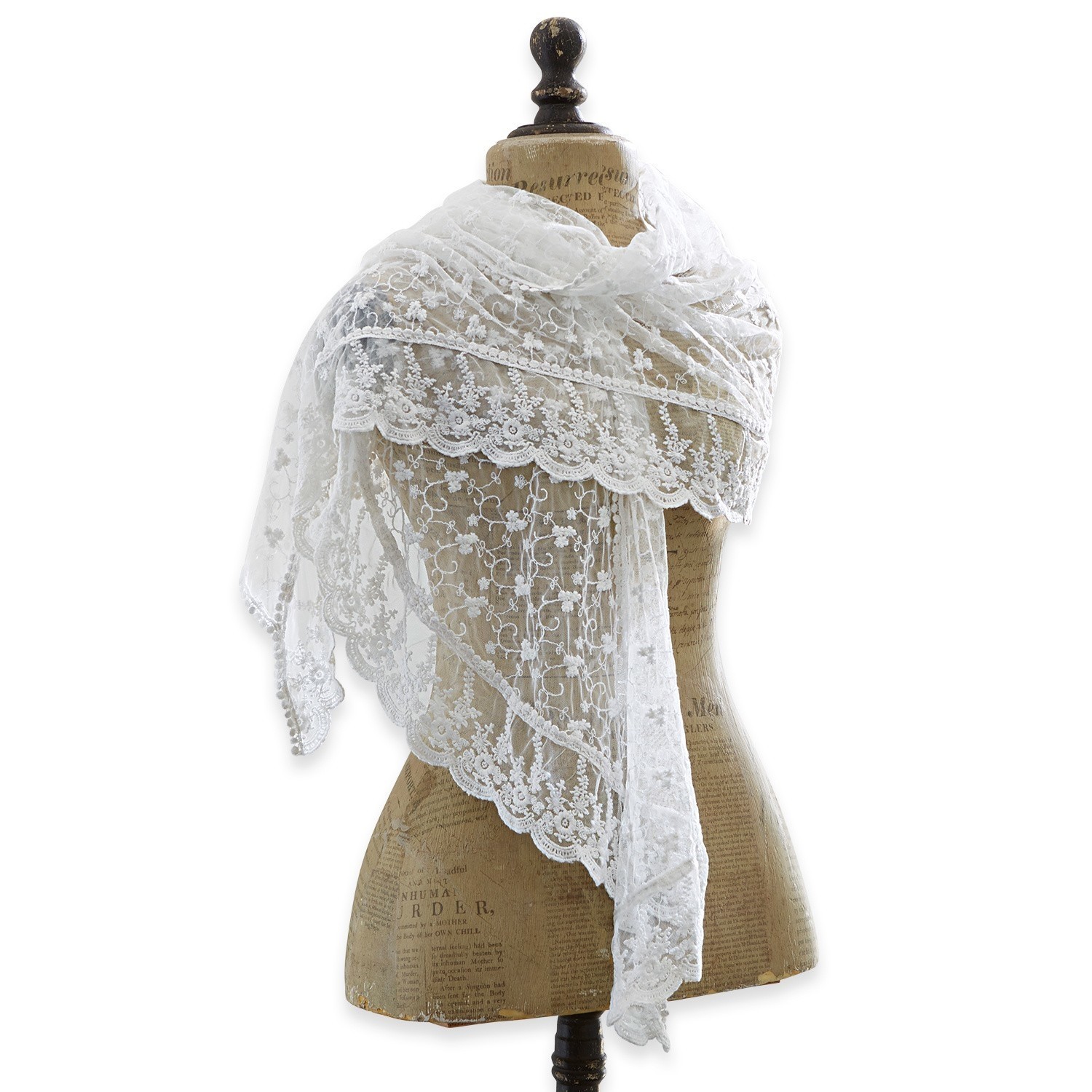 Schal Belvéze Weißer Spitzen-Schal mit feinem Blumenmuster auf Schneiderpuppe, elegantes Modeaccessoire