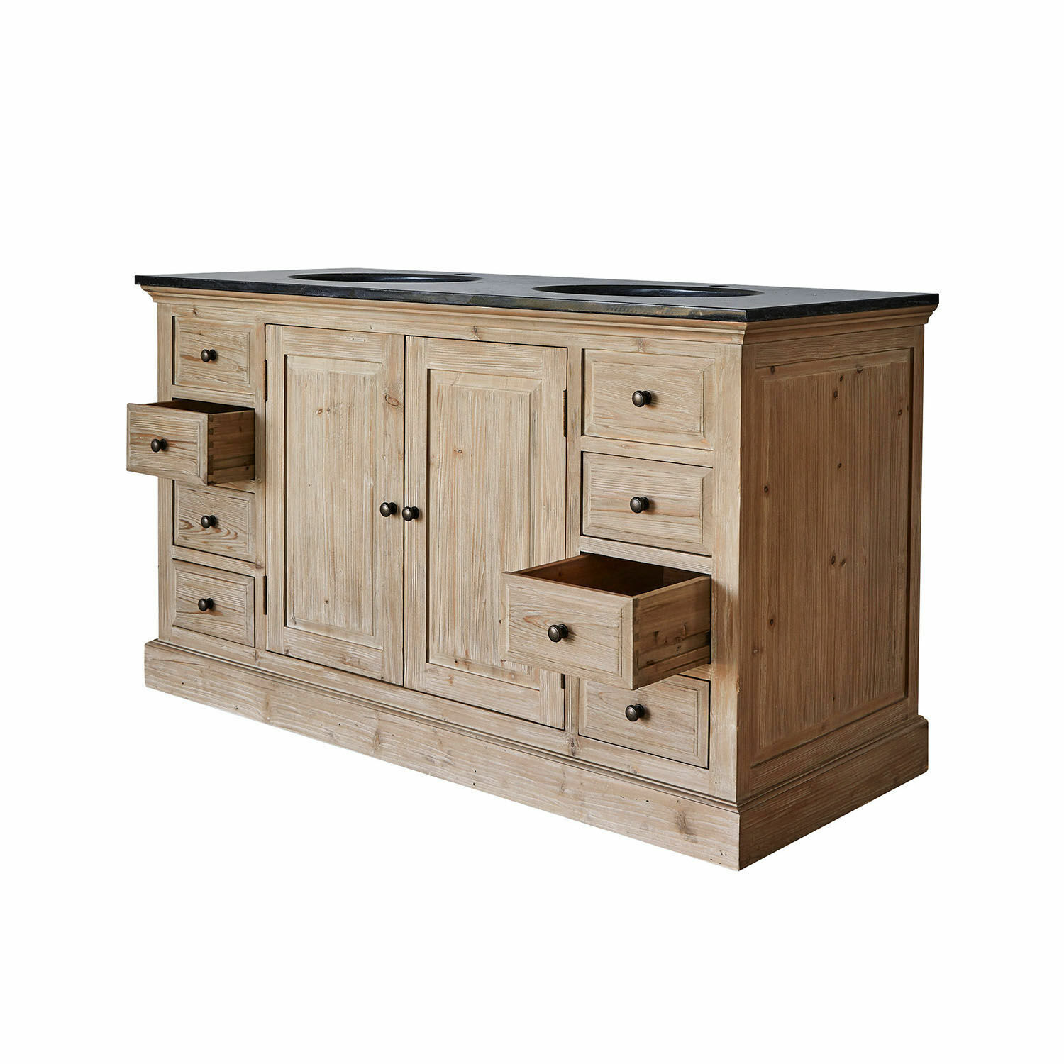 Holz-Badezimmerschrank mit schwarzer Arbeitsplatte und offenen Schubladen, natürlicher Farbton