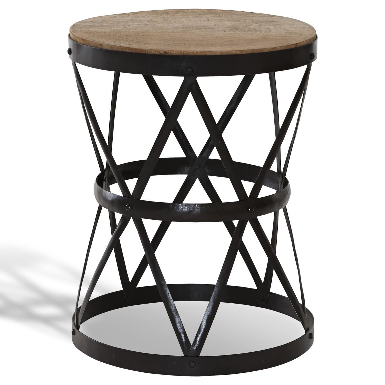 Runder Beistelltisch mit Holzplatte und schwarzem Metallgestell im Industrie-Design